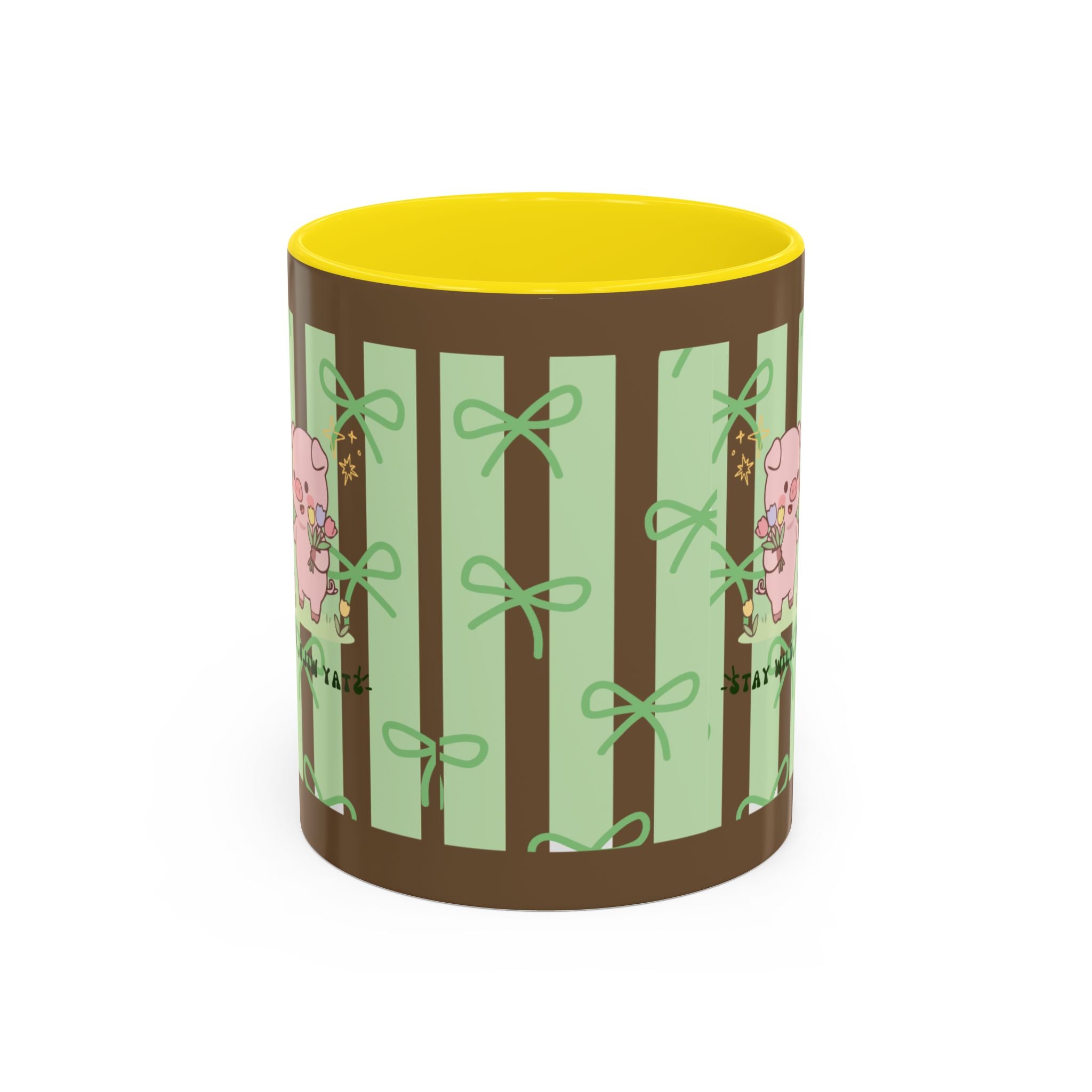 Cute Pig & Chick Accent Coffee Mug — Pastel Stripes, Charming Kawaii Tea/Coffee Cup