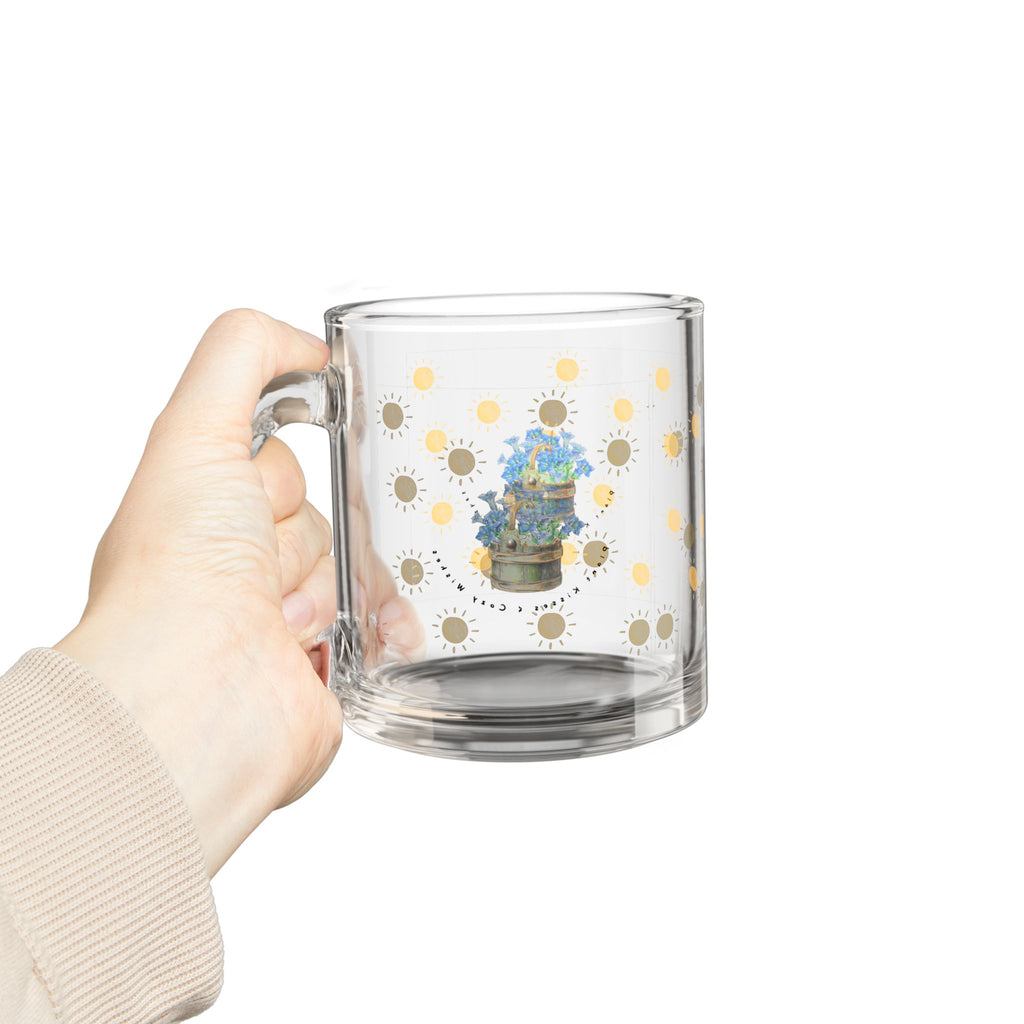 10oz Glass Mug — Sunny Dots with Blue Hydrangea Floral Accent