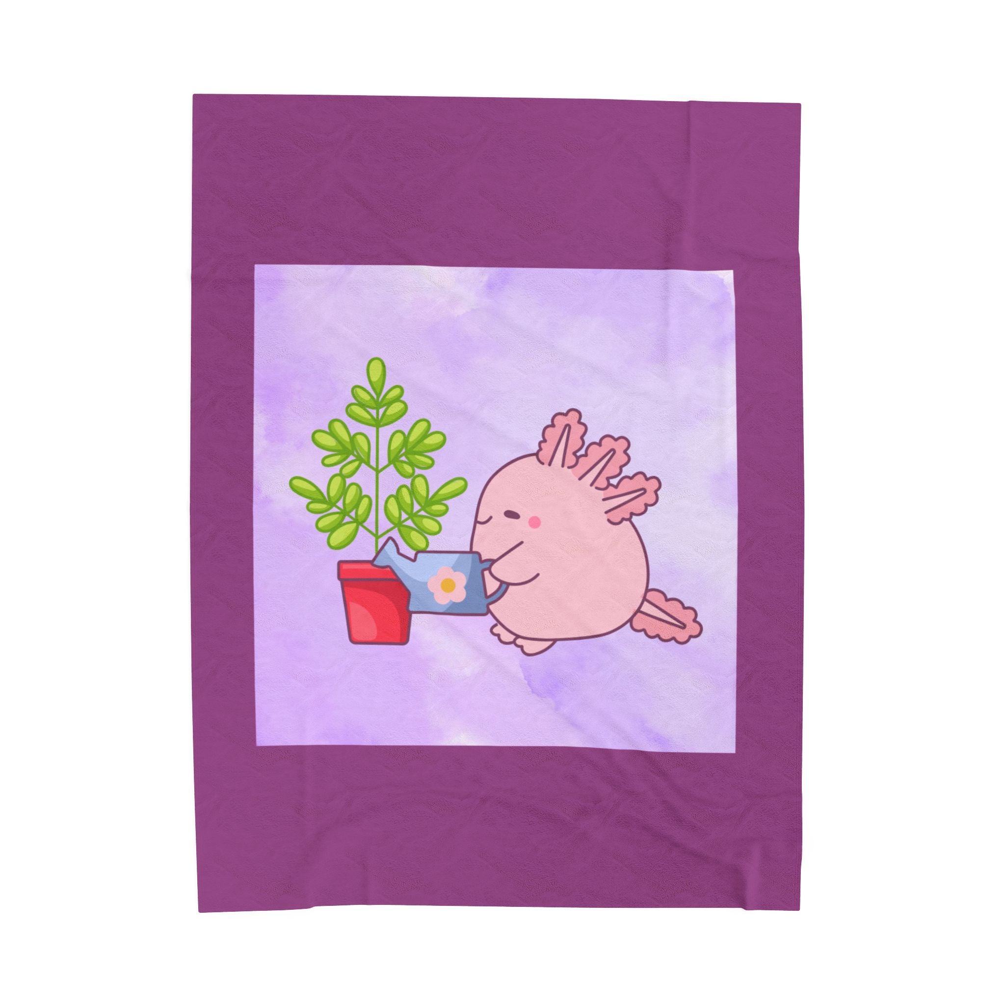 Axolotl Plant Watering Plush Blanket — Cute Pink Axolotl Gardening Throw for Kids & Animal Lovers