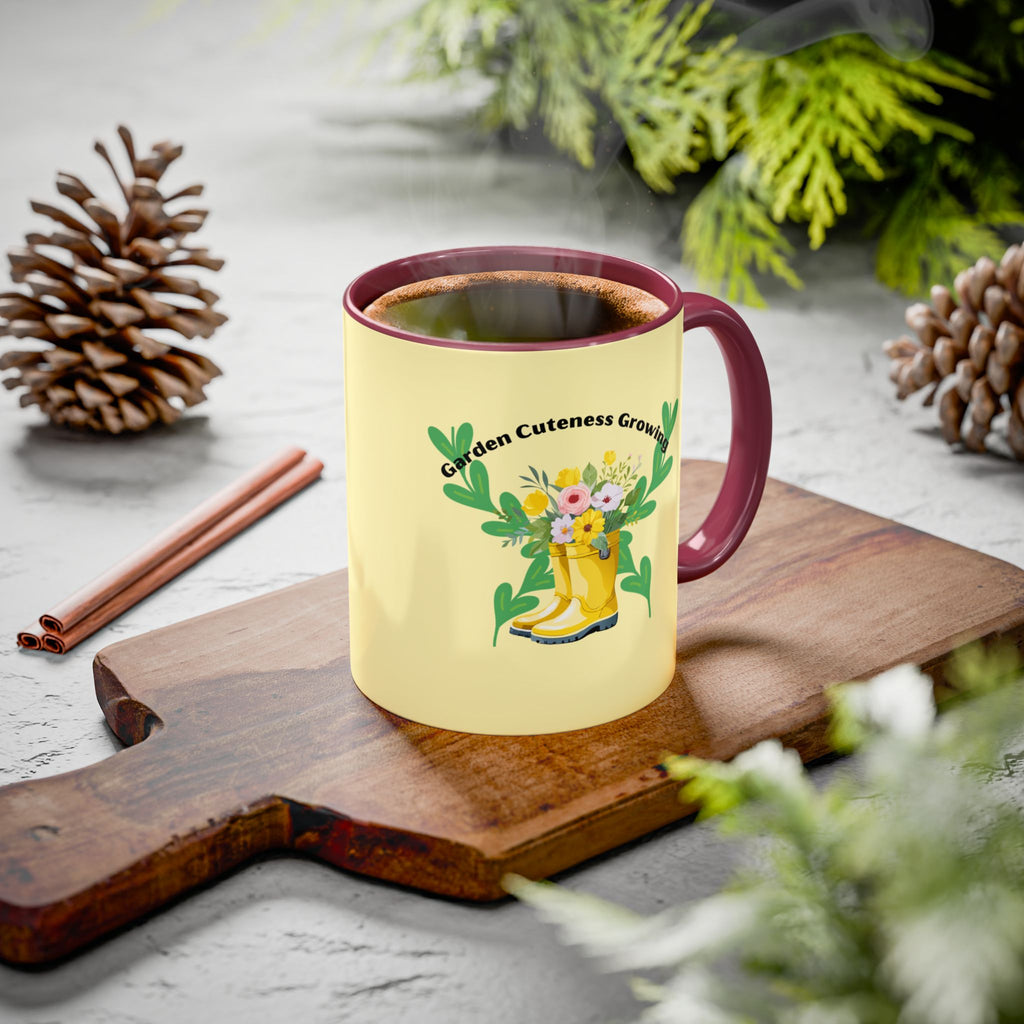 Yellow Rain Boot Floral Mug — “Garden Cuteness Growing” Coffee Cup (11oz/15oz)