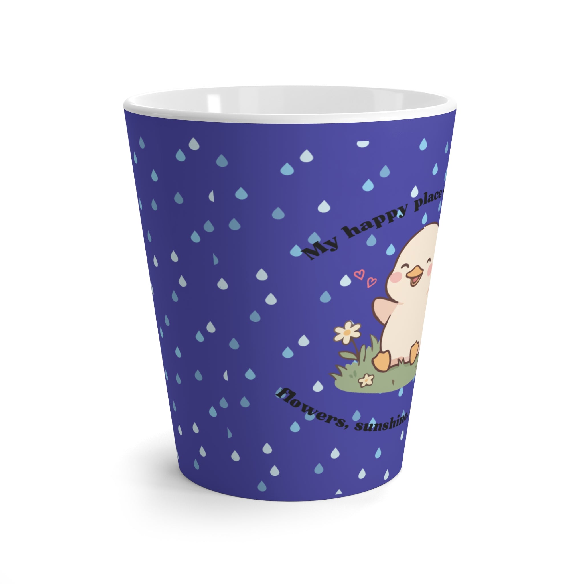 Latte Mug — Cute Kawaii Bird 'My Happy Place' Coffee Cup (Blue Raindrop Pattern)
