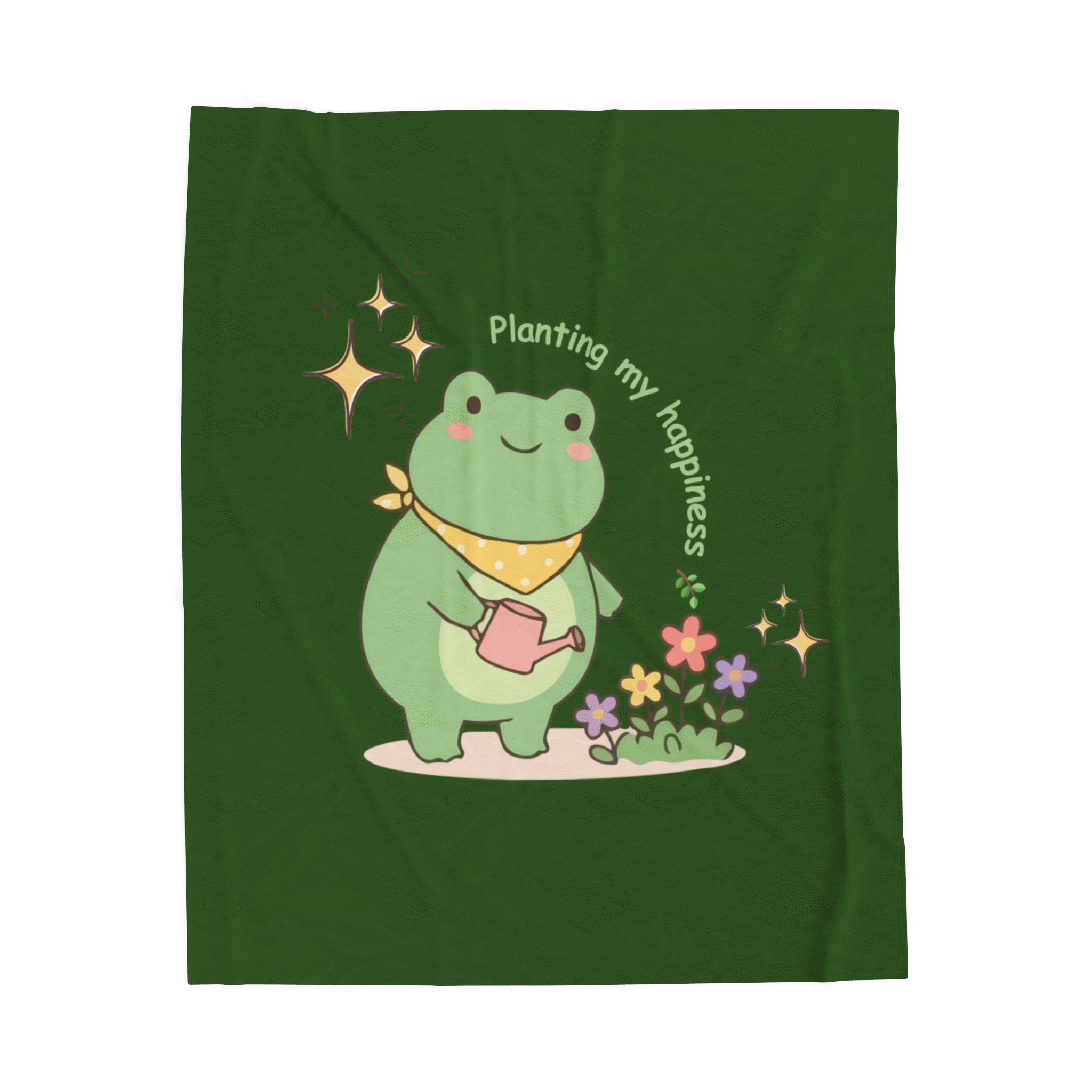 Cute Frog 'Planting My Happiness' Velveteen Plush Blanket