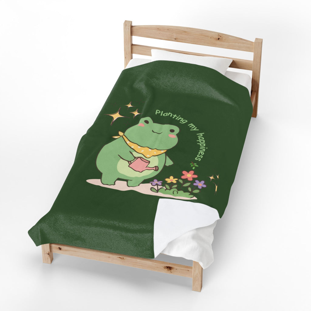Cute Frog 'Planting My Happiness' Velveteen Plush Blanket