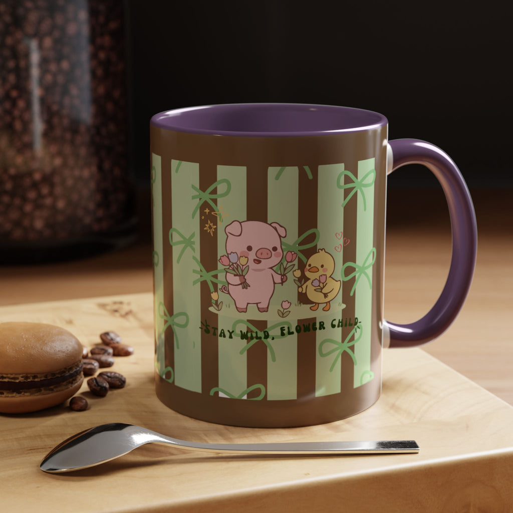 Cute Pig & Chick Accent Coffee Mug — Pastel Stripes, Charming Kawaii Tea/Coffee Cup