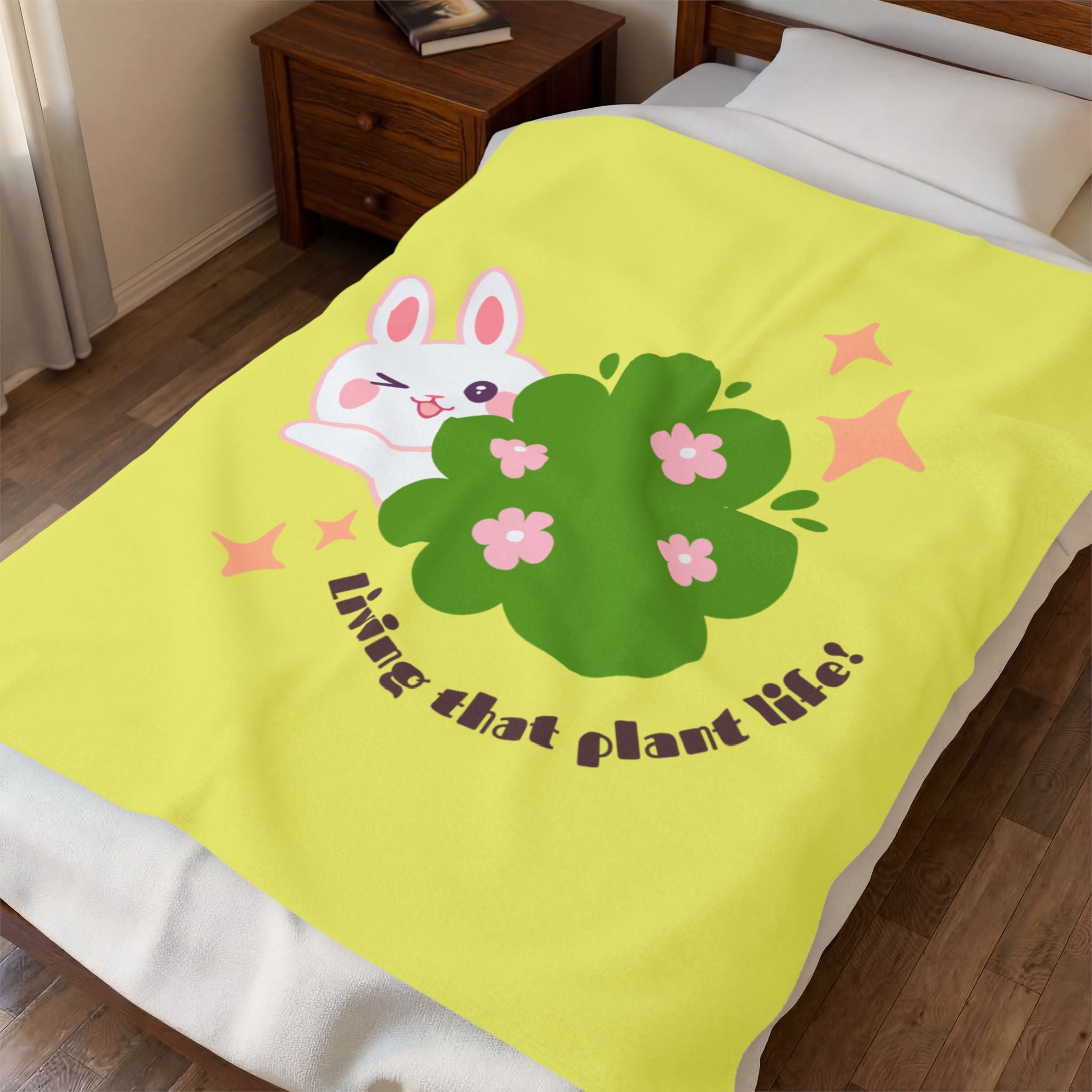 Cute Bunny 'Living That Plant Life' Plush Blanket — Soft Velveteen Throw for Plant Lovers, Kids & Cozy Gift