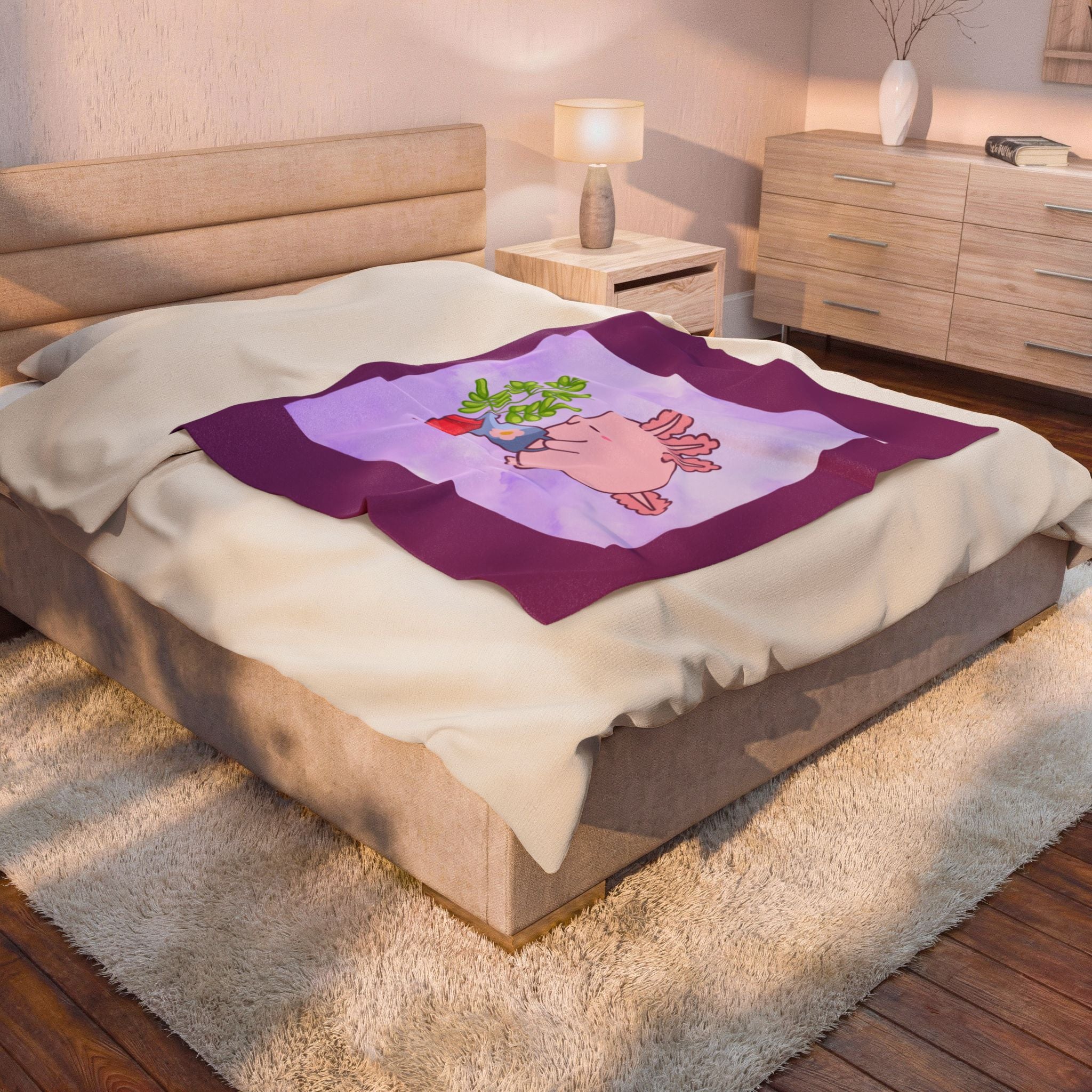Axolotl Plant Watering Plush Blanket — Cute Pink Axolotl Gardening Throw for Kids & Animal Lovers