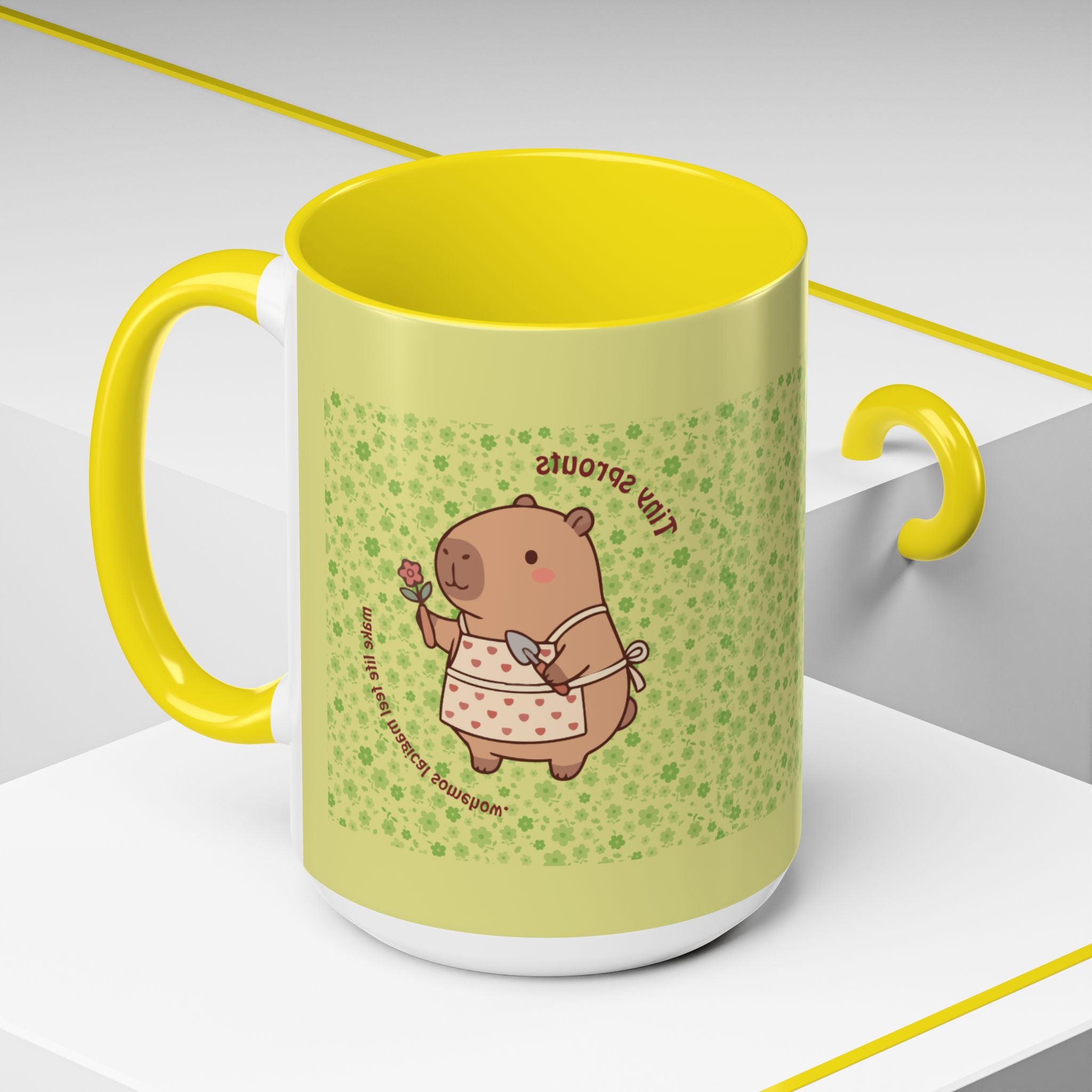 Cute ‘Tiny Sprouts’ Accent Coffee Mug – Kawaii Garden Capybara Design (11/15 oz)