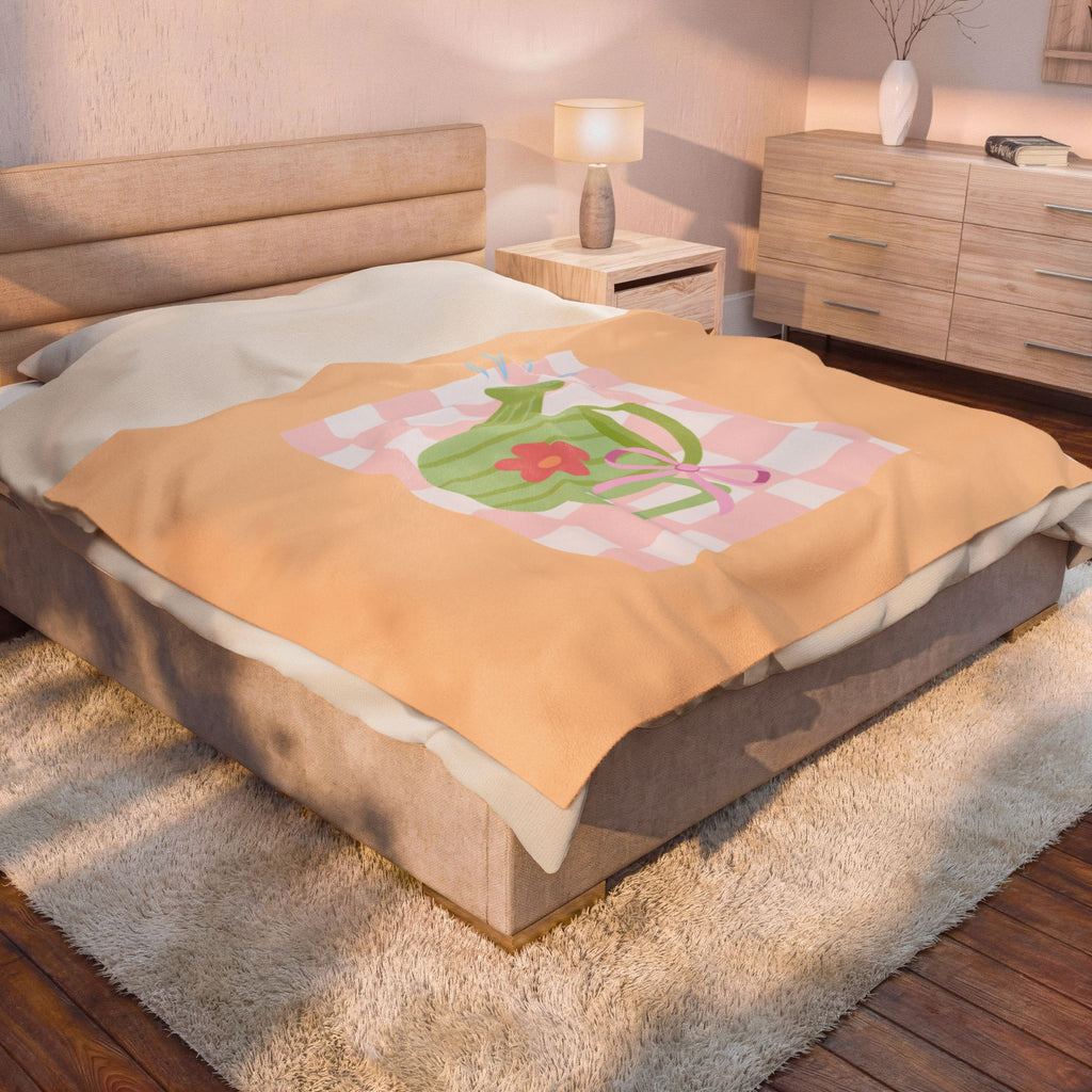 Watering Can Velveteen Plush Blanket — Soft Pastel Garden Throw