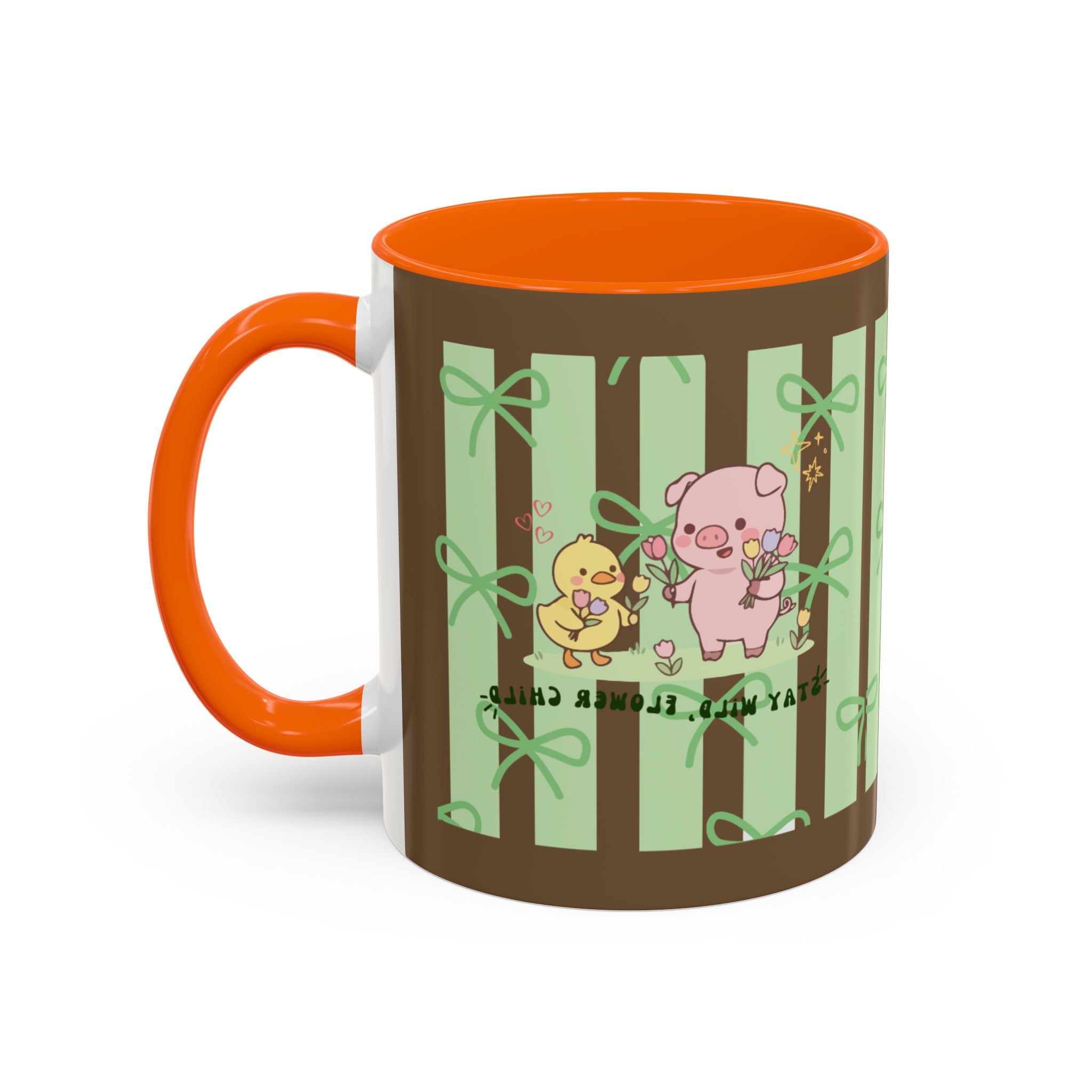 Cute Pig & Chick Accent Coffee Mug — Pastel Stripes, Charming Kawaii Tea/Coffee Cup