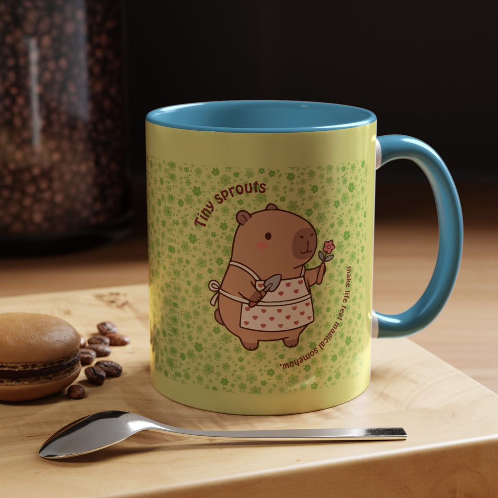 Cute ‘Tiny Sprouts’ Accent Coffee Mug – Kawaii Garden Capybara Design (11/15 oz)