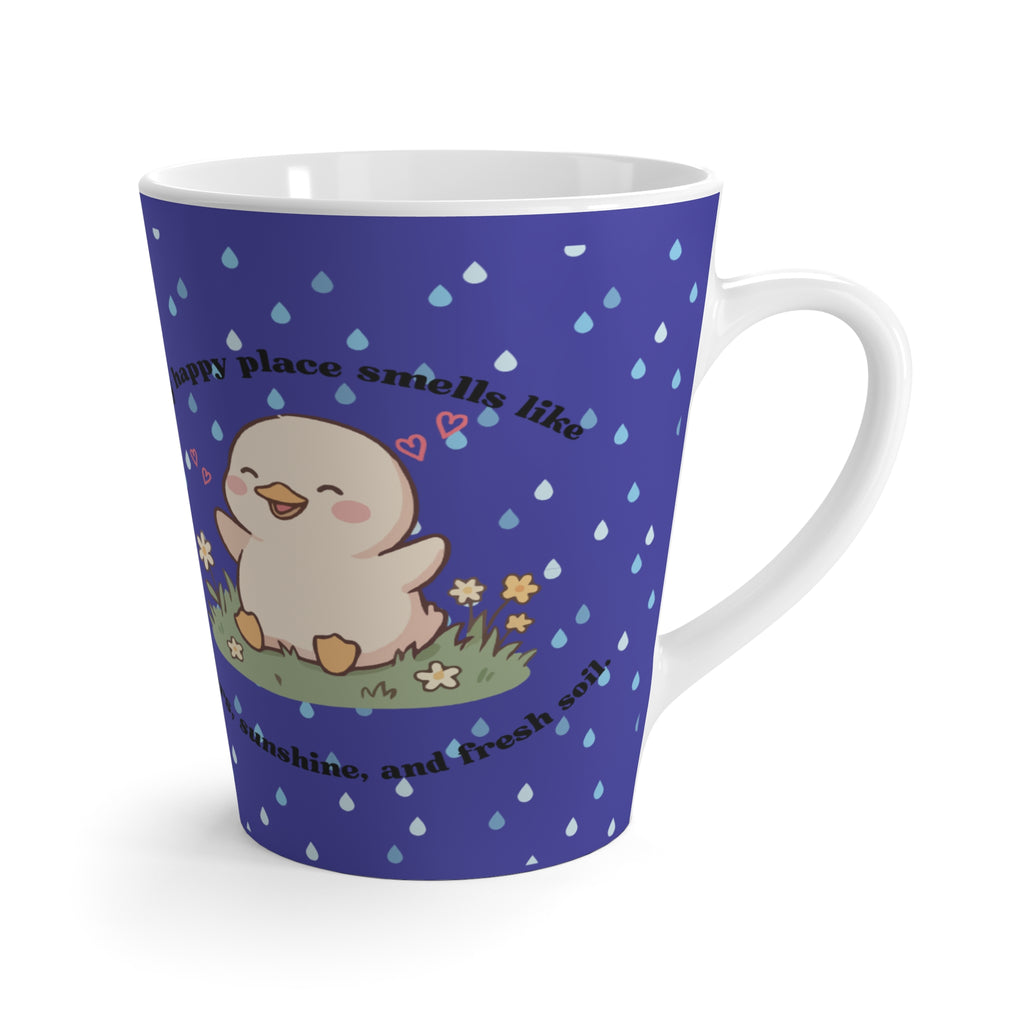 Latte Mug — Cute Kawaii Bird 'My Happy Place' Coffee Cup (Blue Raindrop Pattern)