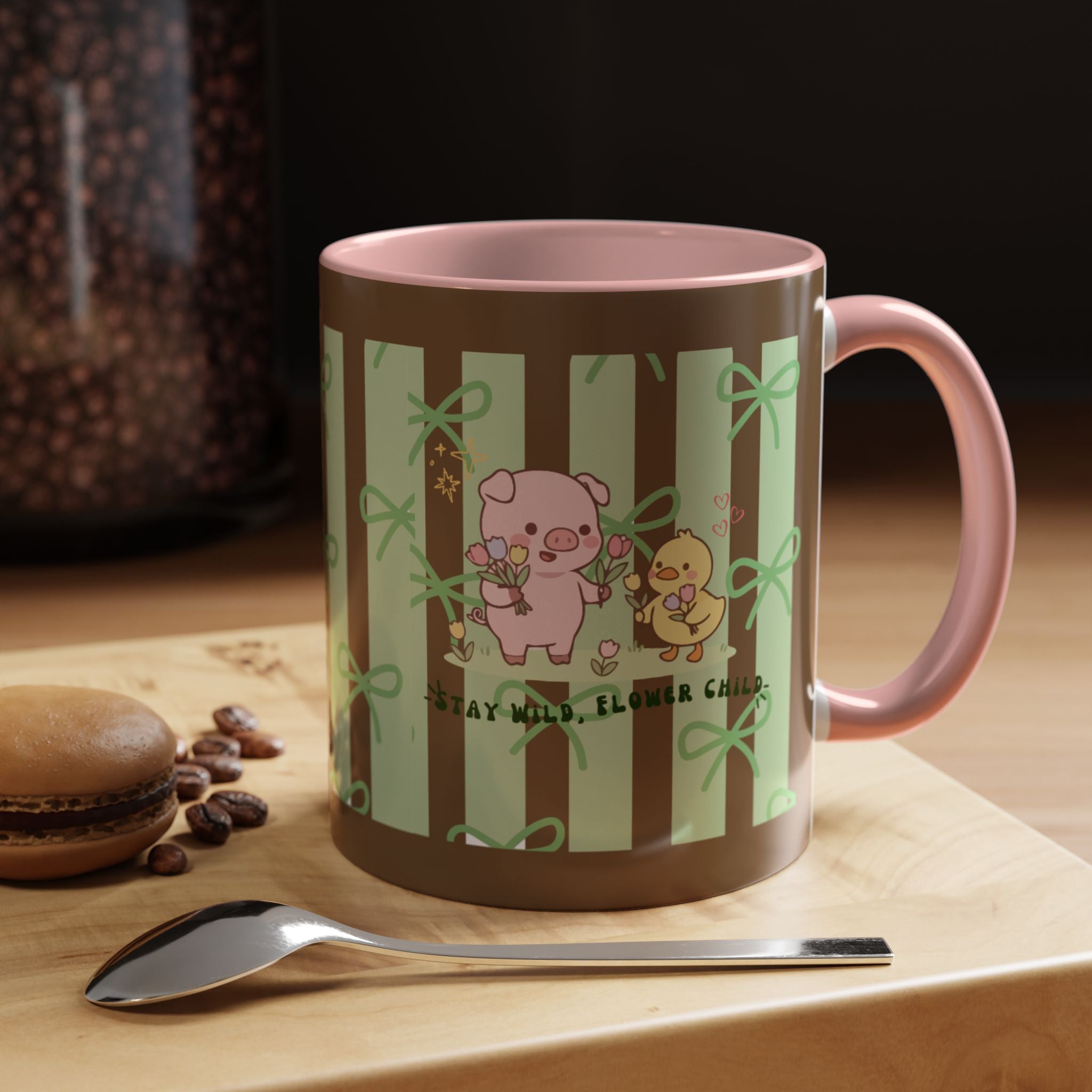 Cute Pig & Chick Accent Coffee Mug — Pastel Stripes, Charming Kawaii Tea/Coffee Cup