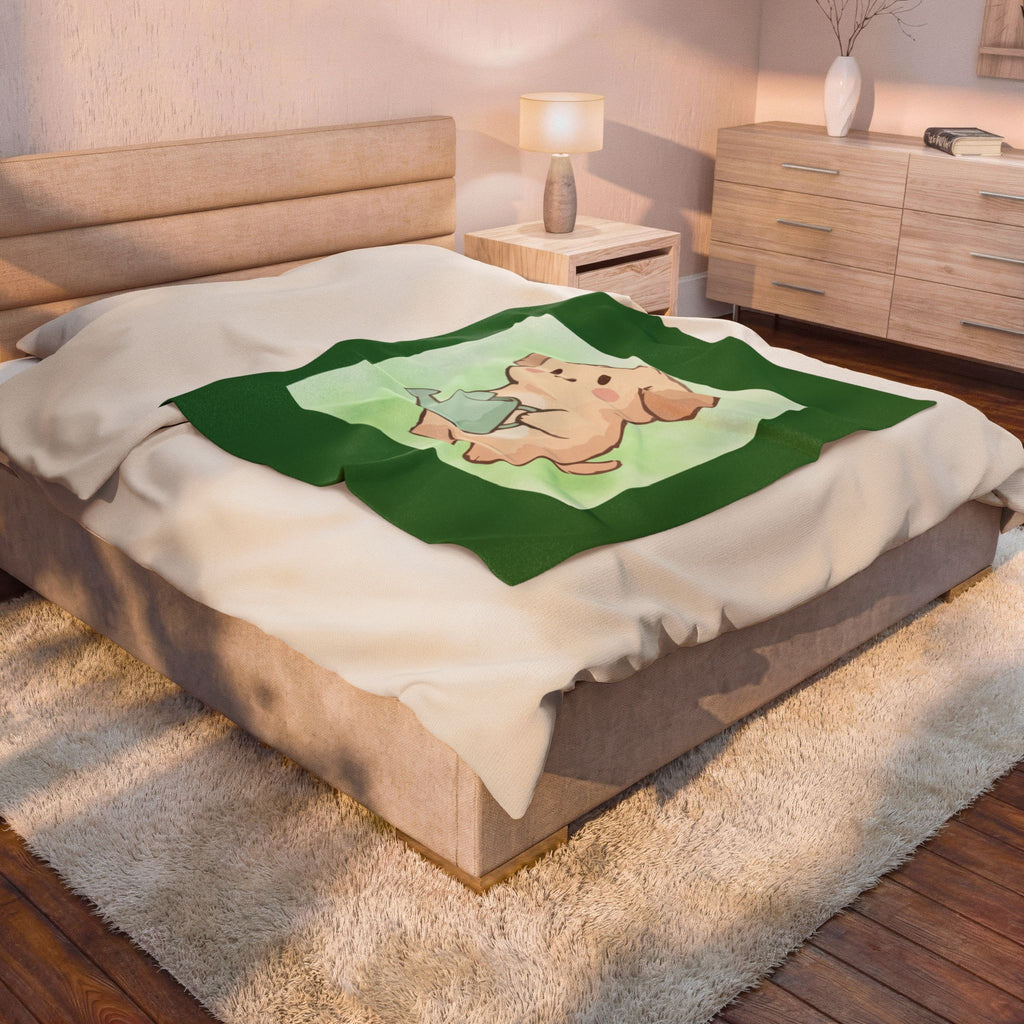 Cute Puppy Watering Can Velveteen Plush Blanket — Soft Floral Green Throw for Kids & Pet Lovers