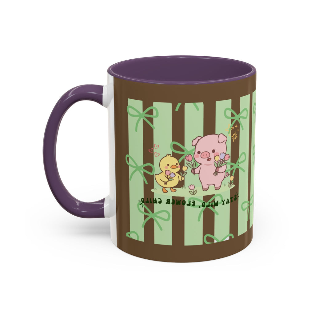 Cute Pig & Chick Accent Coffee Mug — Pastel Stripes, Charming Kawaii Tea/Coffee Cup