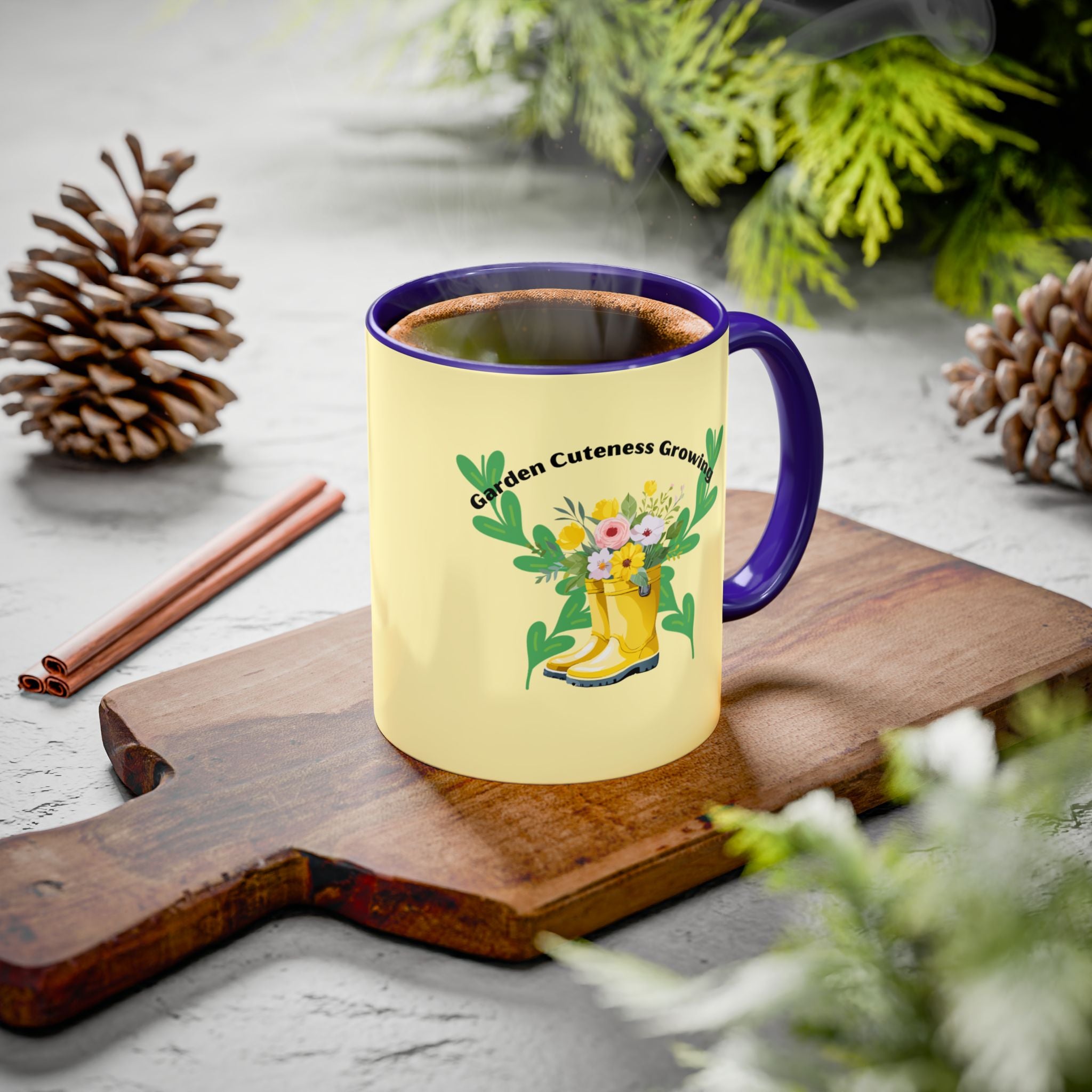Yellow Rain Boot Floral Mug — “Garden Cuteness Growing” Coffee Cup (11oz/15oz)