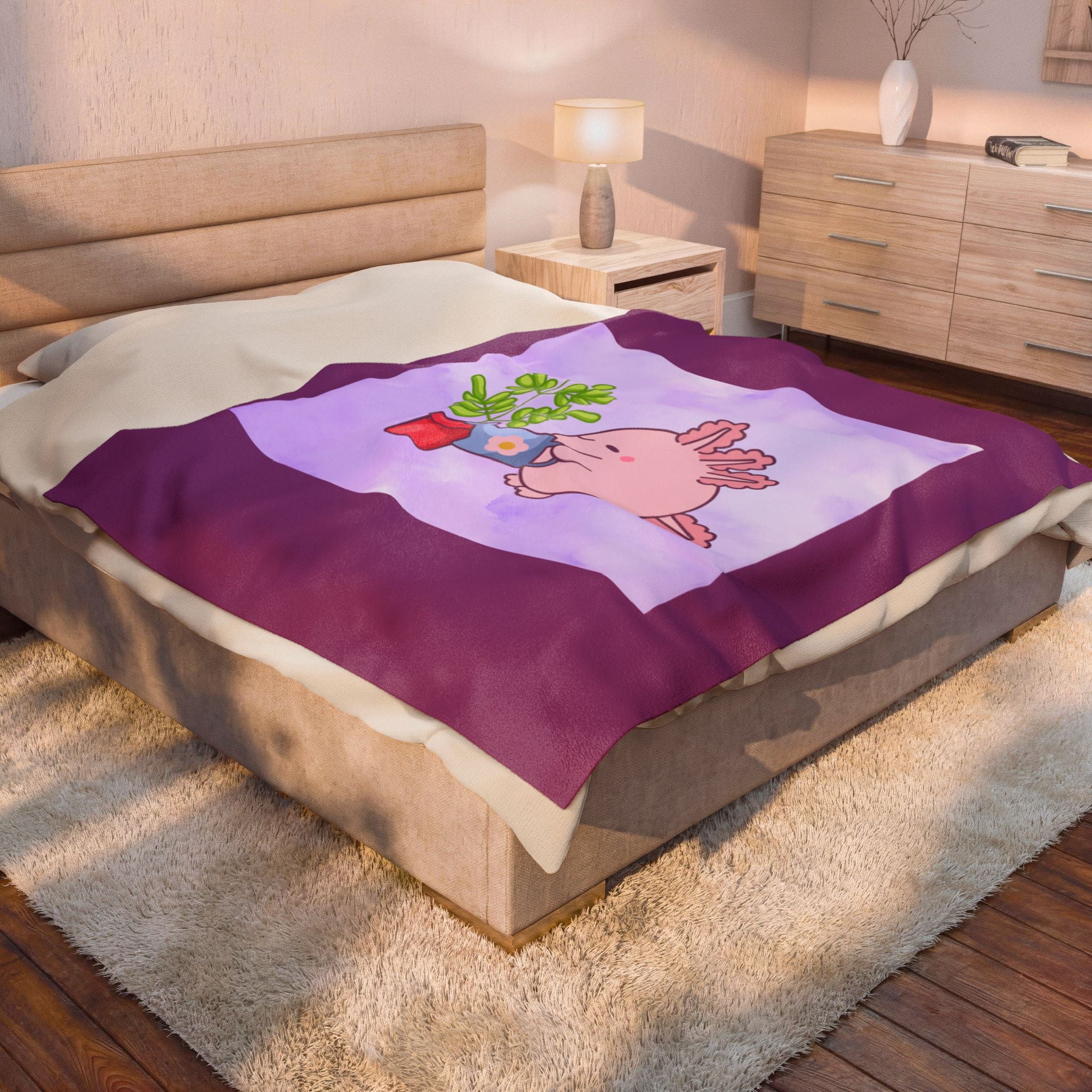 Axolotl Plant Watering Plush Blanket — Cute Pink Axolotl Gardening Throw for Kids & Animal Lovers