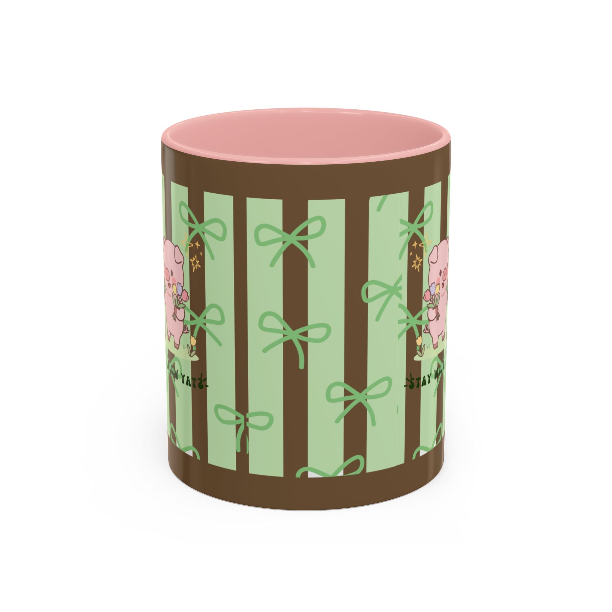 Cute Pig & Chick Accent Coffee Mug — Pastel Stripes, Charming Kawaii Tea/Coffee Cup