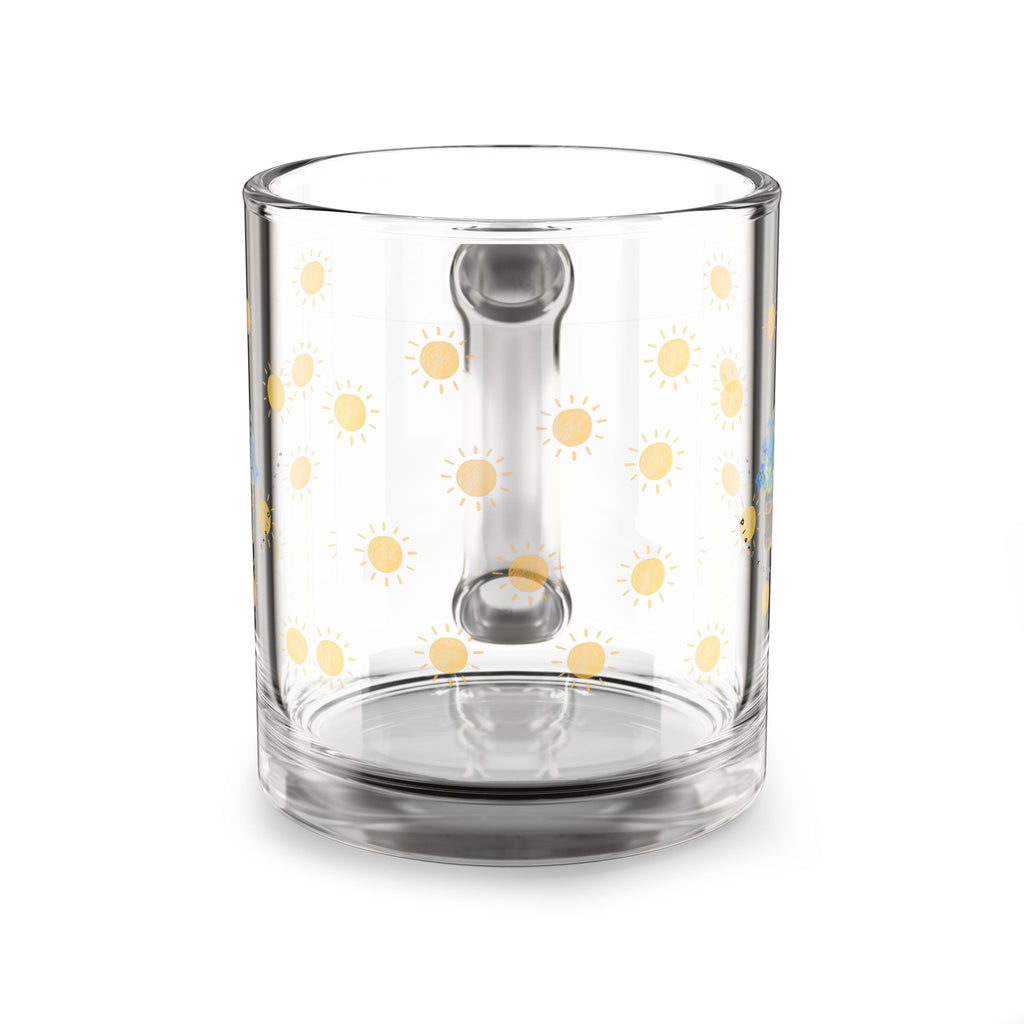 10oz Glass Mug — Sunny Dots with Blue Hydrangea Floral Accent
