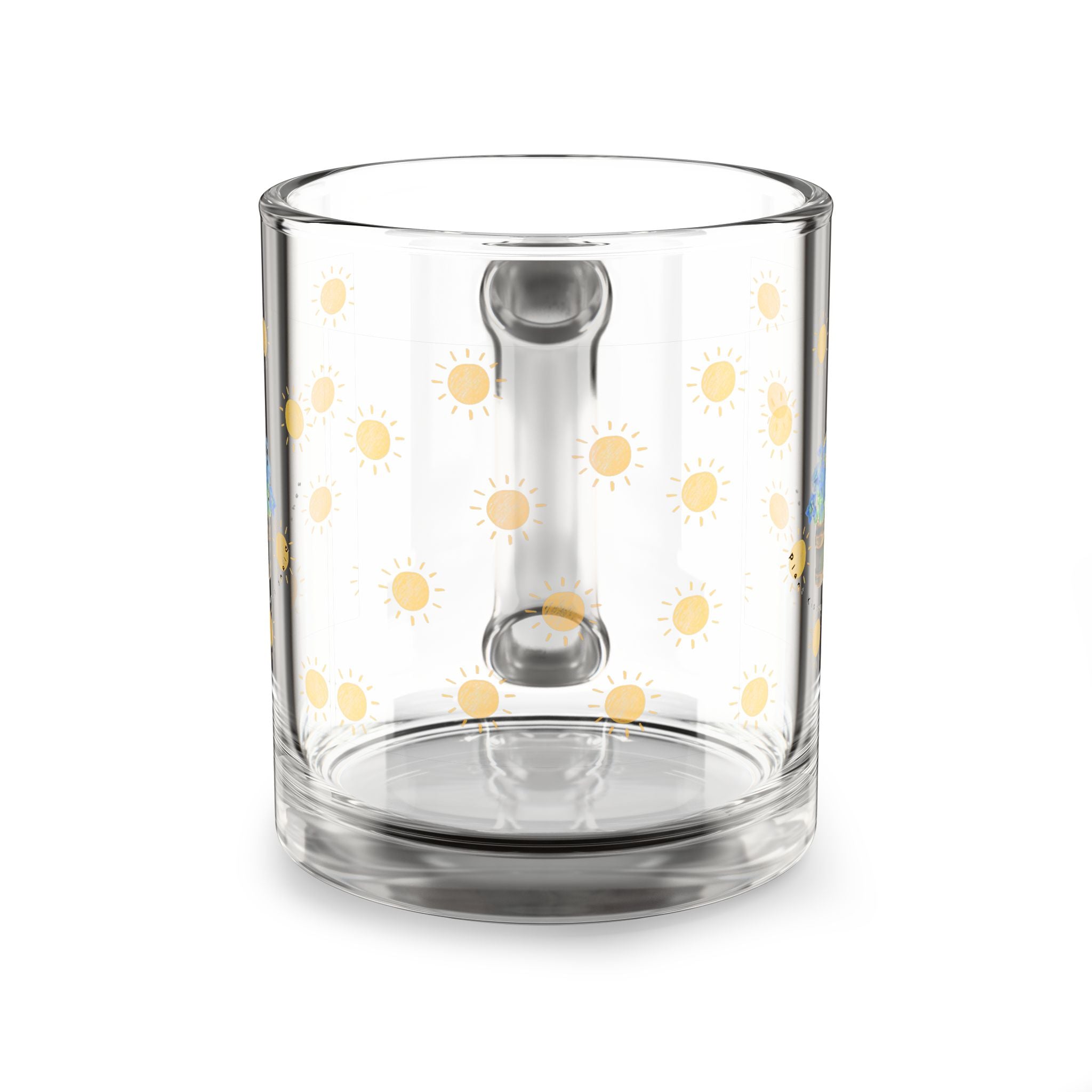 10oz Glass Mug — Sunny Dots with Blue Hydrangea Floral Accent