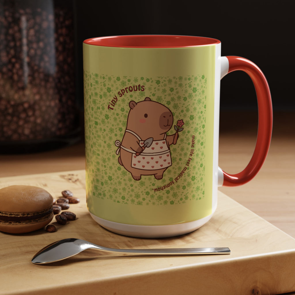 Cute ‘Tiny Sprouts’ Accent Coffee Mug – Kawaii Garden Capybara Design (11/15 oz)