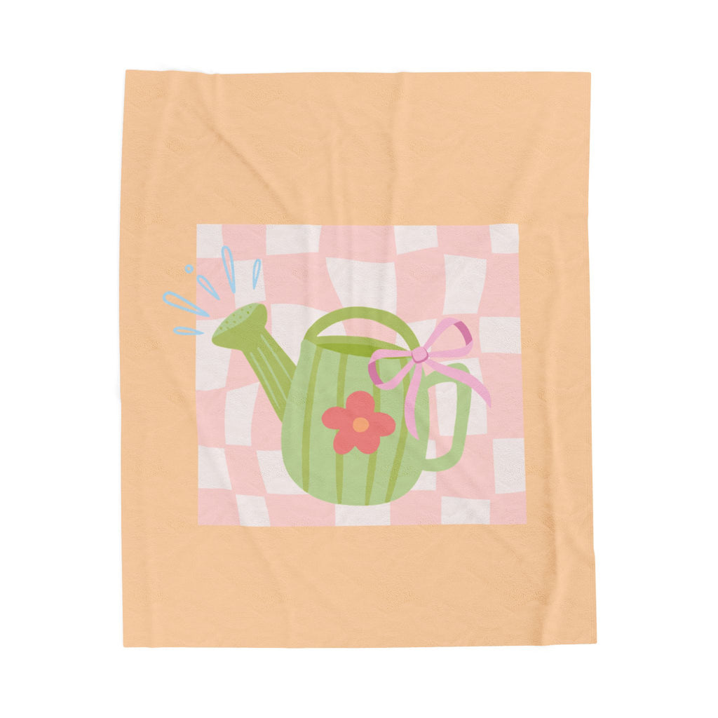 Watering Can Velveteen Plush Blanket — Soft Pastel Garden Throw