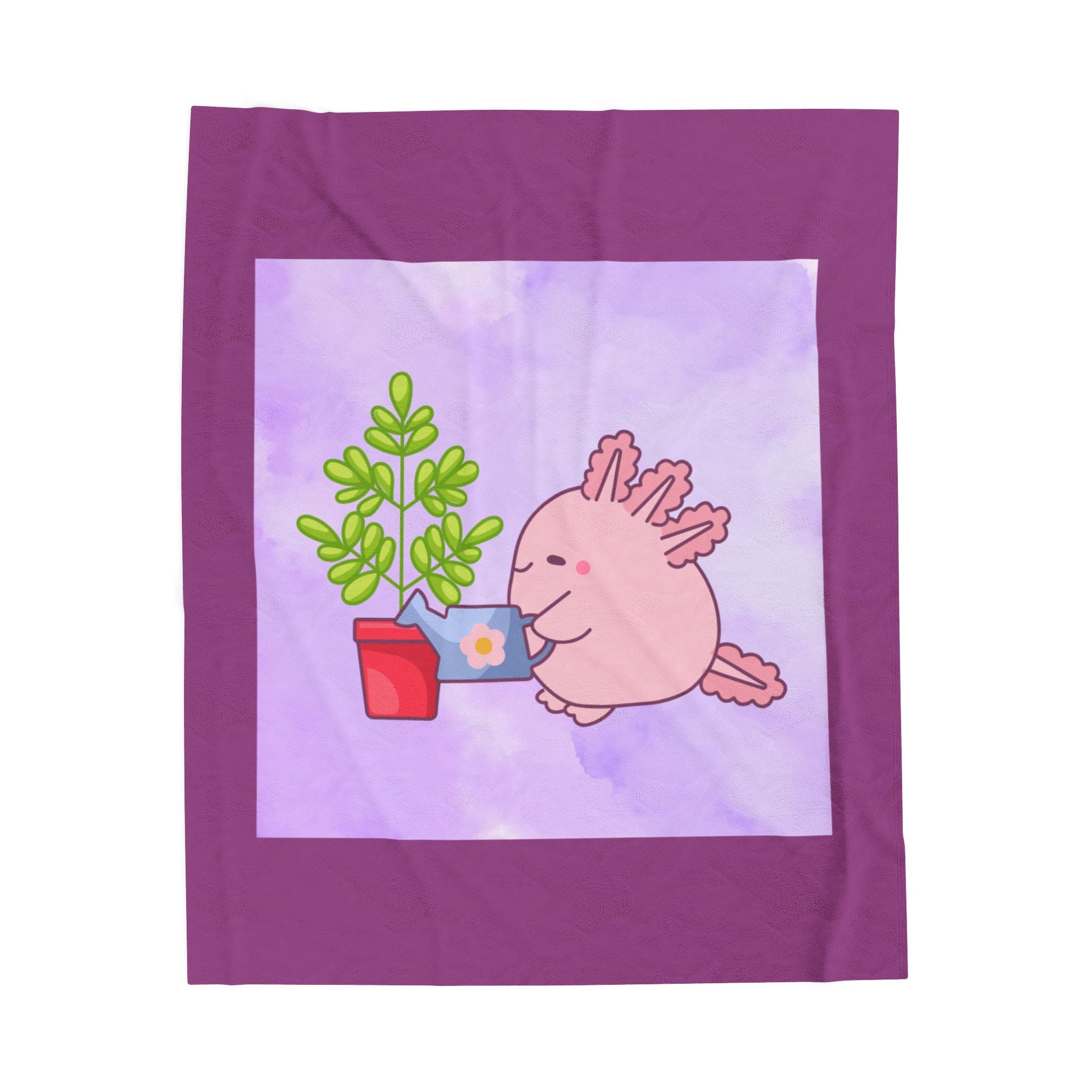 Axolotl Plant Watering Plush Blanket — Cute Pink Axolotl Gardening Throw for Kids & Animal Lovers