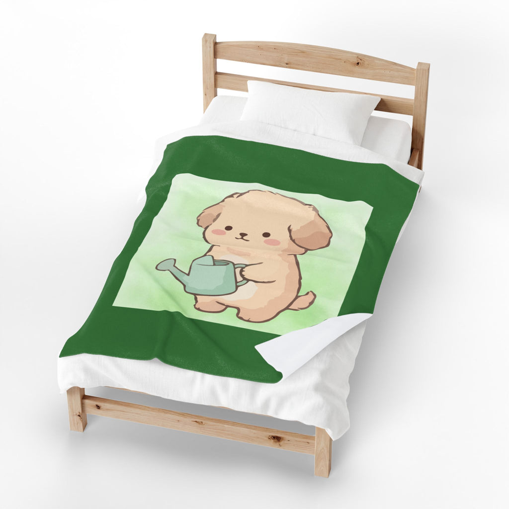 Cute Puppy Watering Can Velveteen Plush Blanket — Soft Floral Green Throw for Kids & Pet Lovers