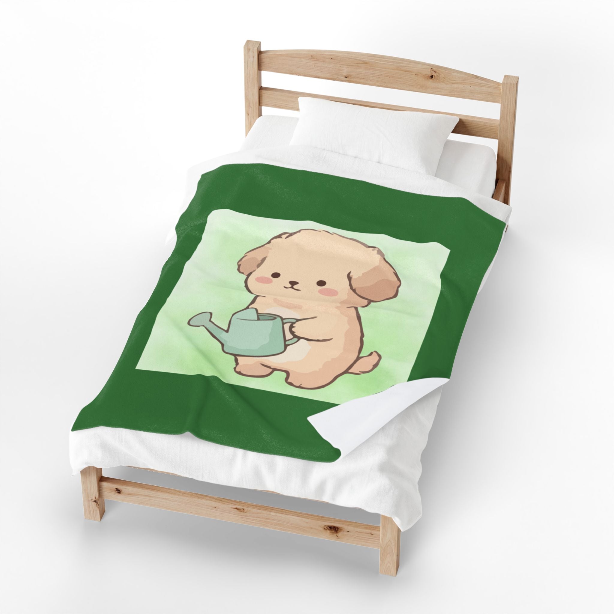 Cute Puppy Watering Can Velveteen Plush Blanket — Soft Floral Green Throw for Kids & Pet Lovers