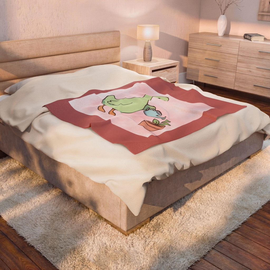 Duck Watering Plant Velveteen Plush Blanket — Cute Garden Duck Cozy Throw