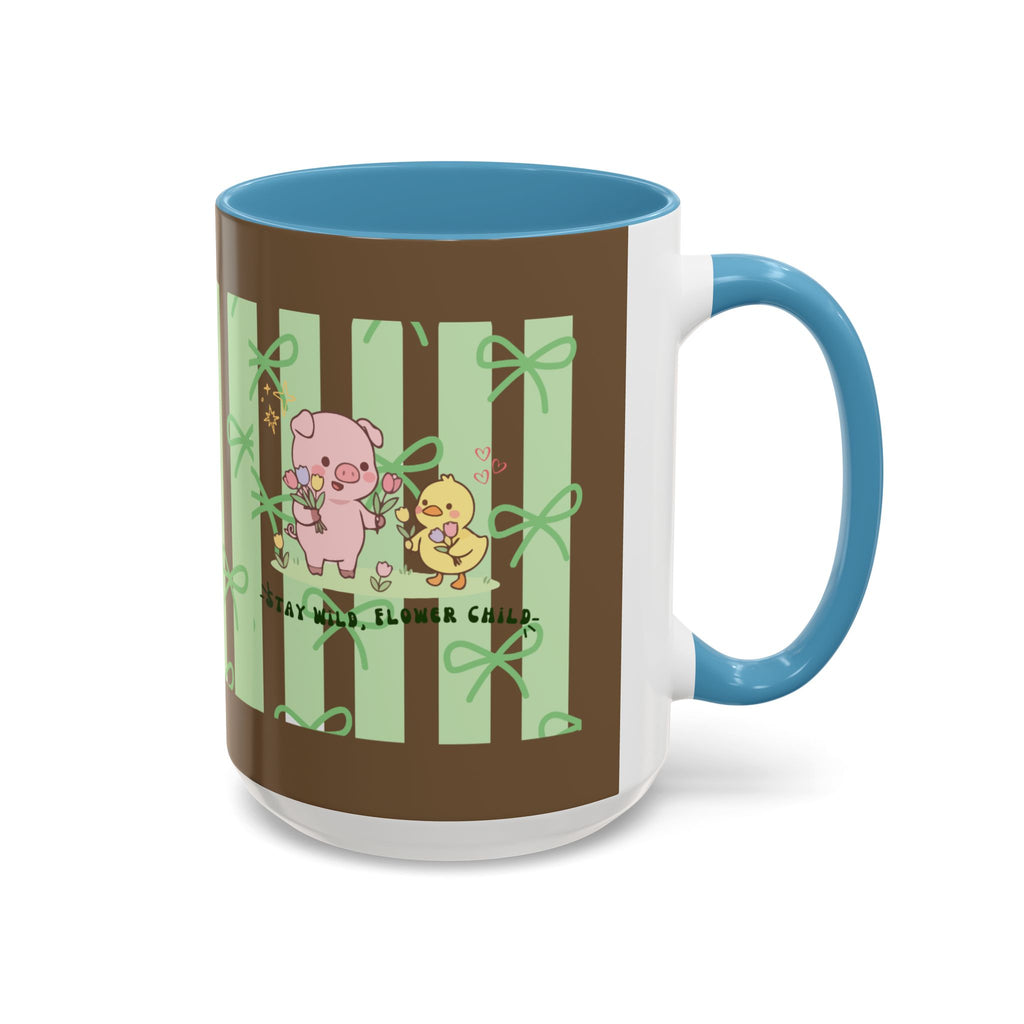 Cute Pig & Chick Accent Coffee Mug — Pastel Stripes, Charming Kawaii Tea/Coffee Cup