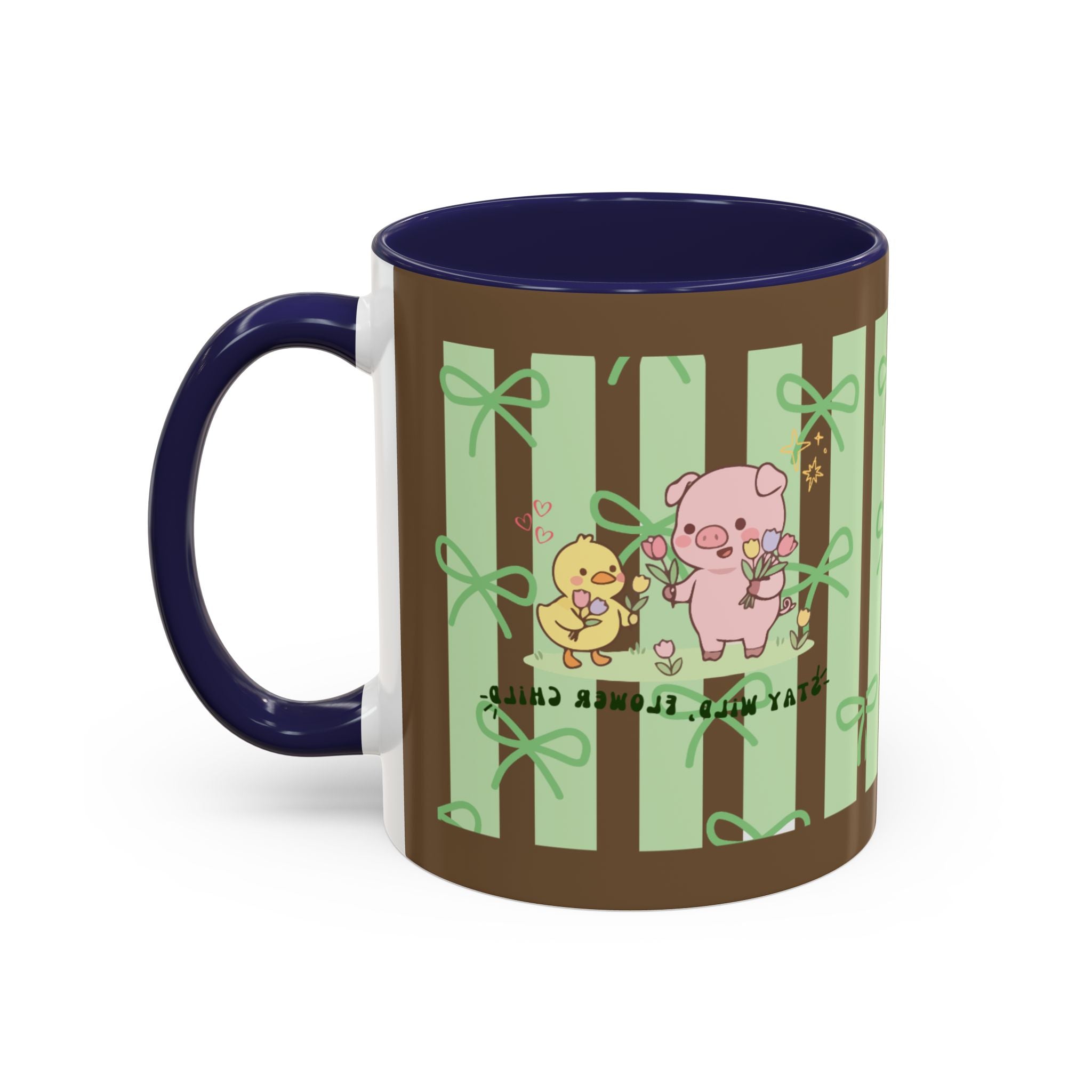 Cute Pig & Chick Accent Coffee Mug — Pastel Stripes, Charming Kawaii Tea/Coffee Cup