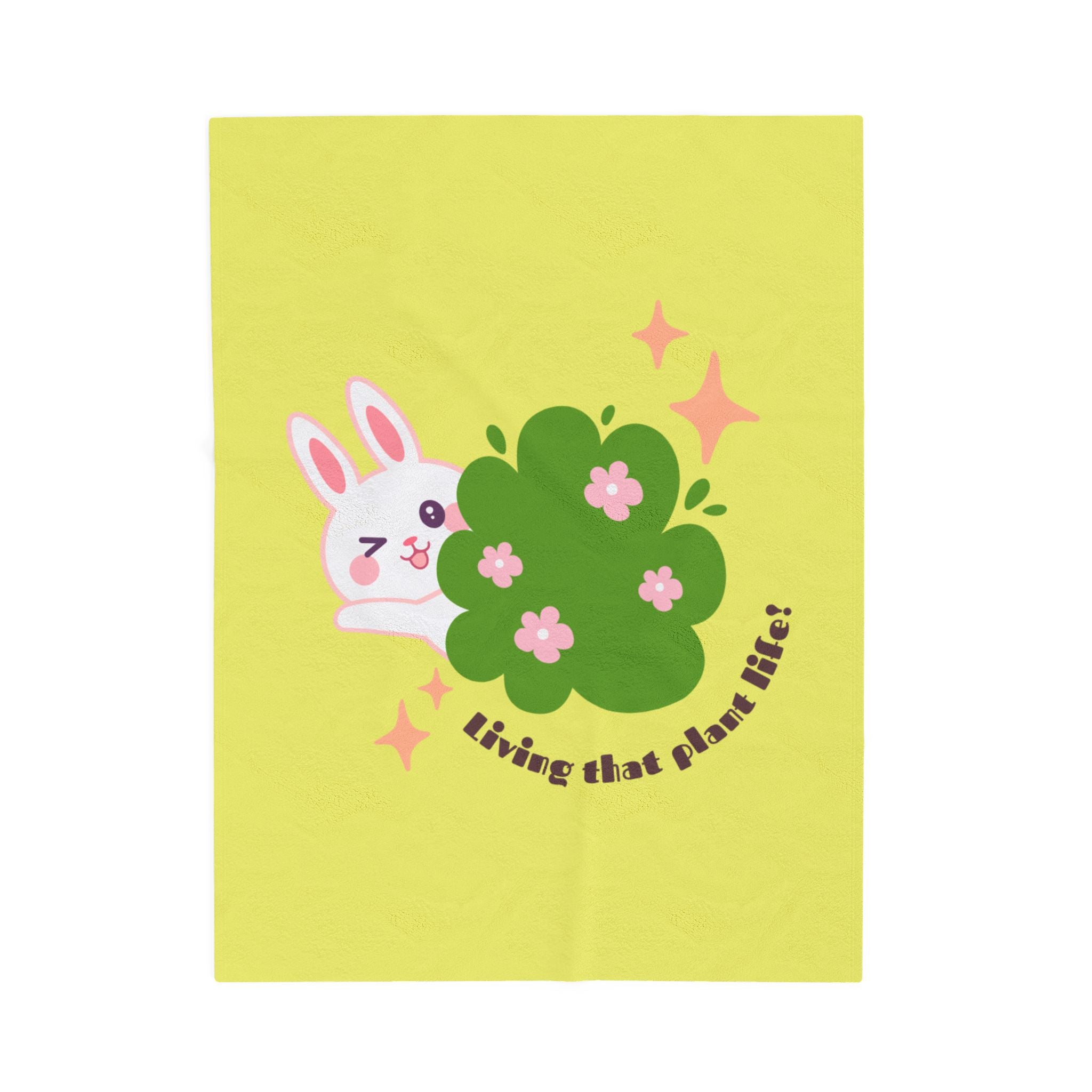 Cute Bunny 'Living That Plant Life' Plush Blanket — Soft Velveteen Throw for Plant Lovers, Kids & Cozy Gift