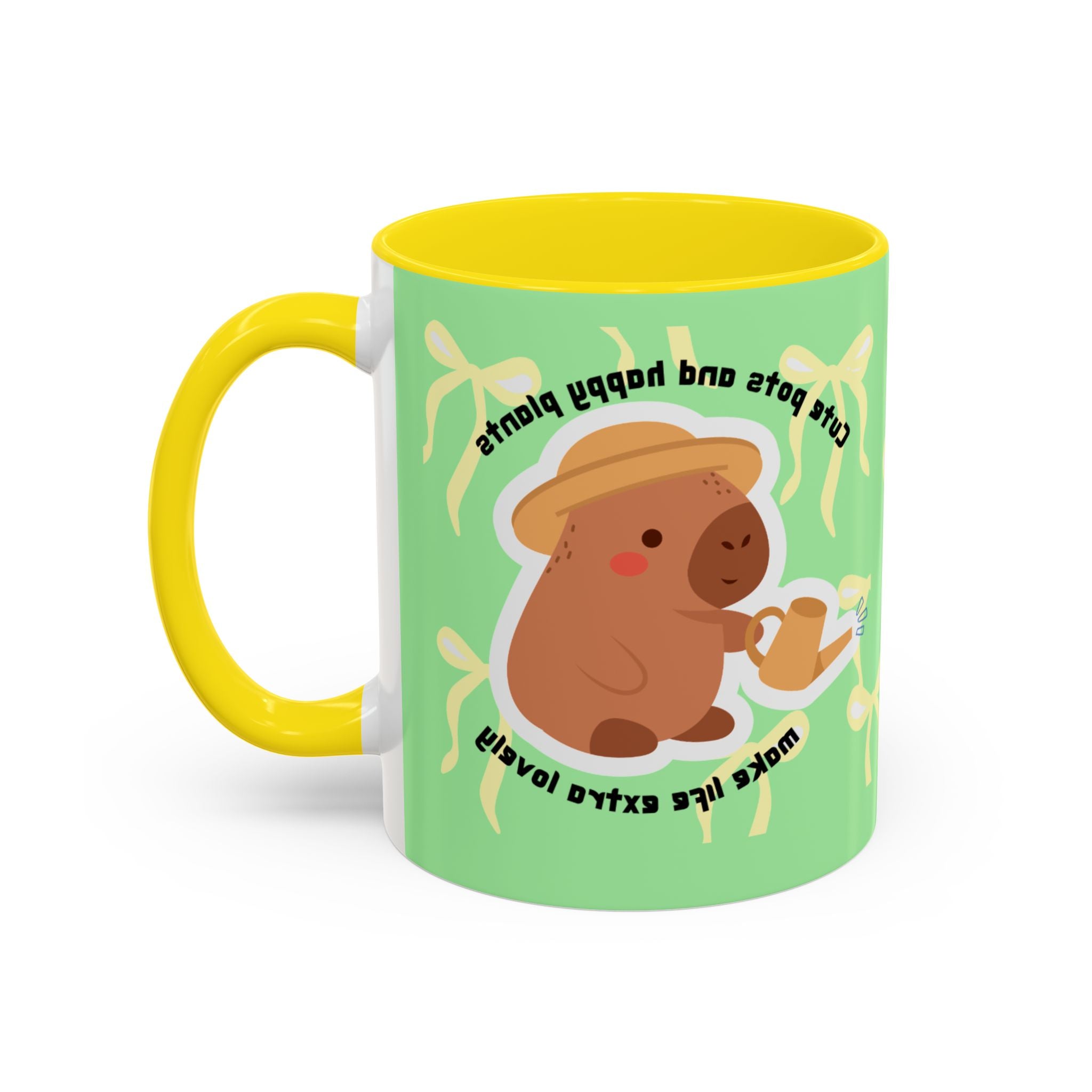 Accent Coffee Mug - Cute Bear Watering Plants ‘Cute Pots and Happy Plants Make Life Extra Lovely’