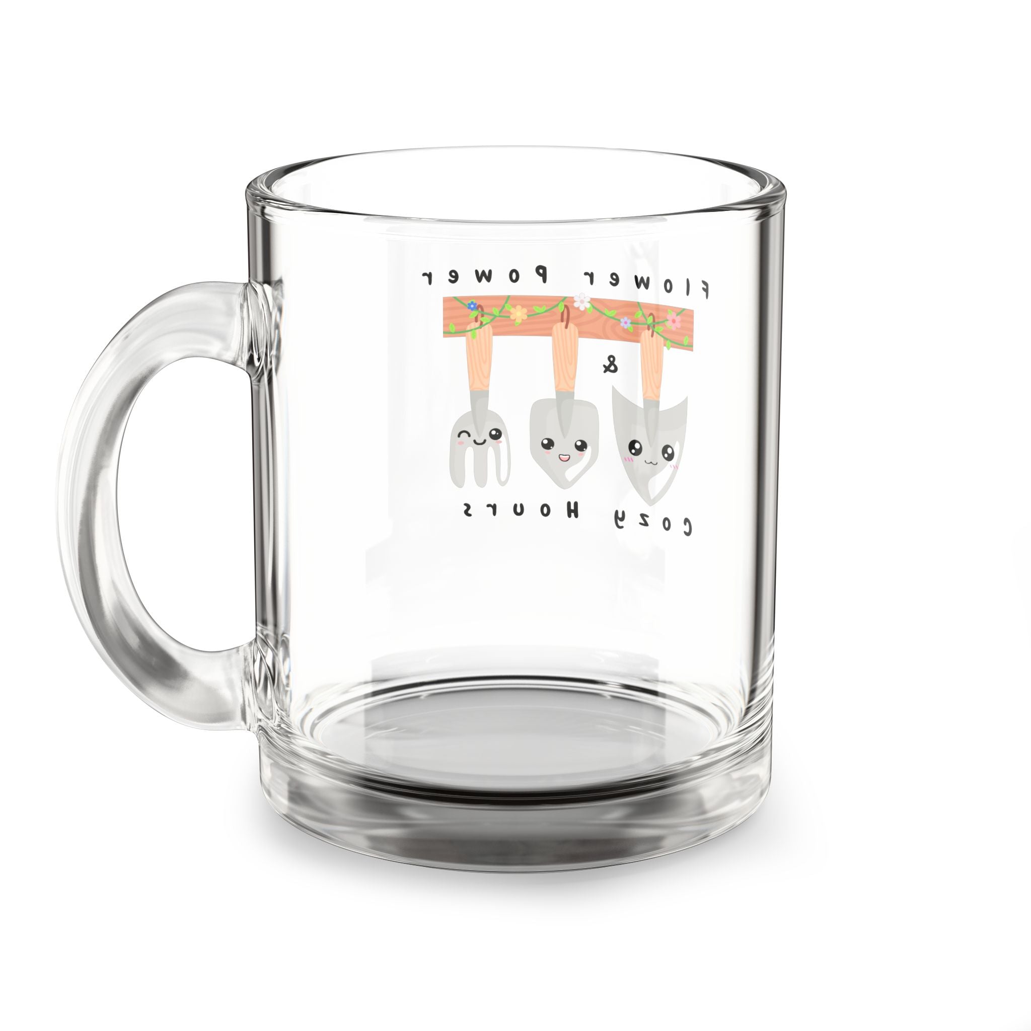 10oz Glass Mug — Cute Gardening Utensils “Flower Power” Coffee Mug