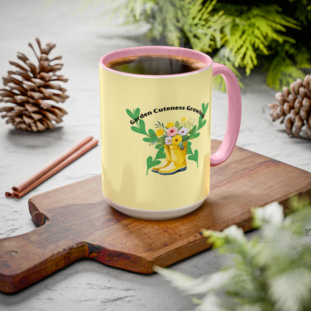 Yellow Rain Boot Floral Mug — “Garden Cuteness Growing” Coffee Cup (11oz/15oz)