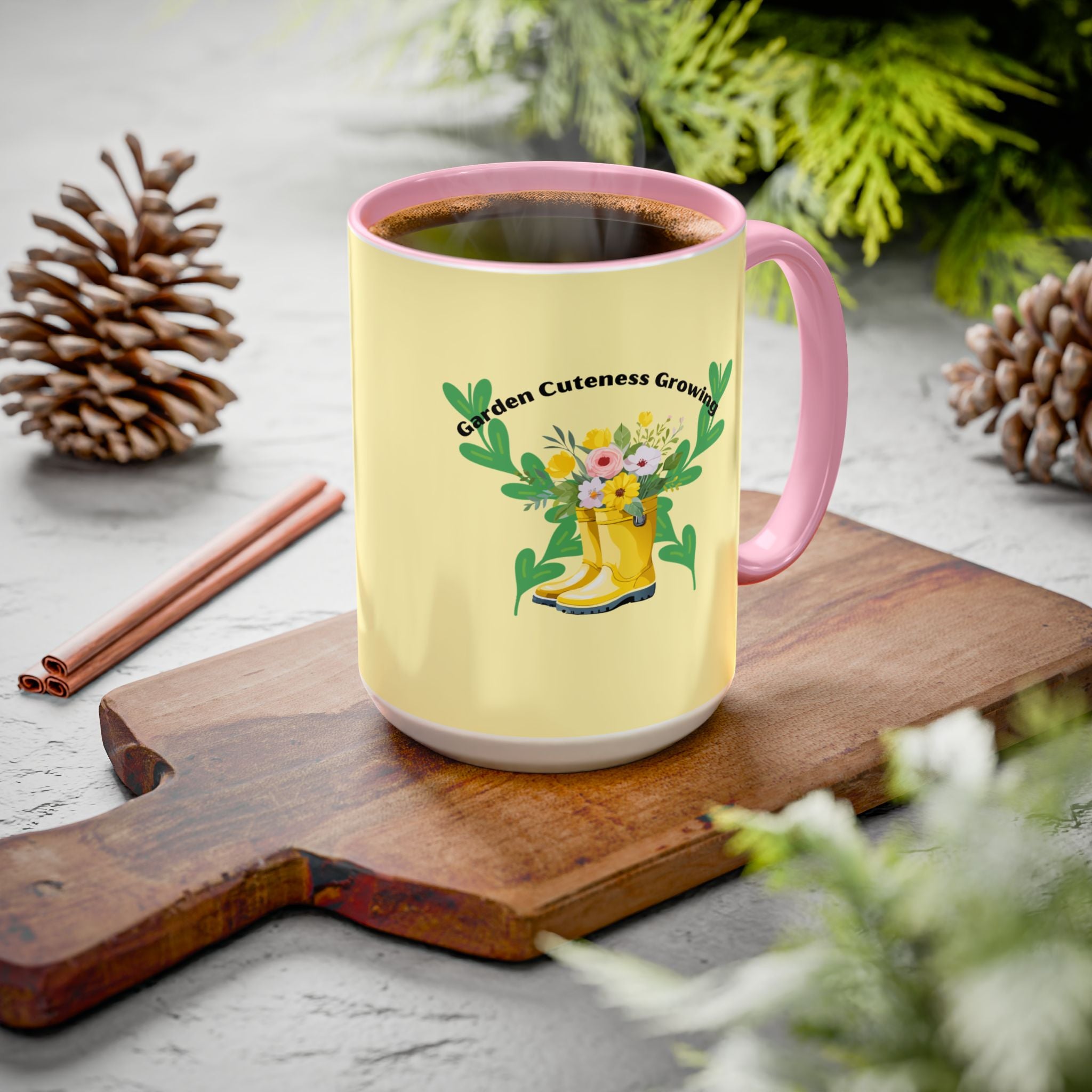 Yellow Rain Boot Floral Mug — “Garden Cuteness Growing” Coffee Cup (11oz/15oz)