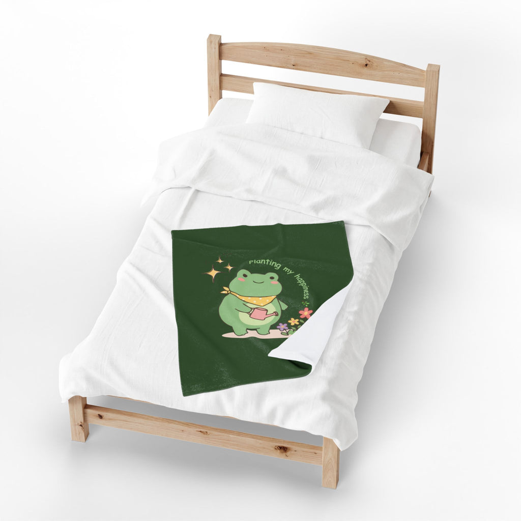 Cute Frog 'Planting My Happiness' Velveteen Plush Blanket