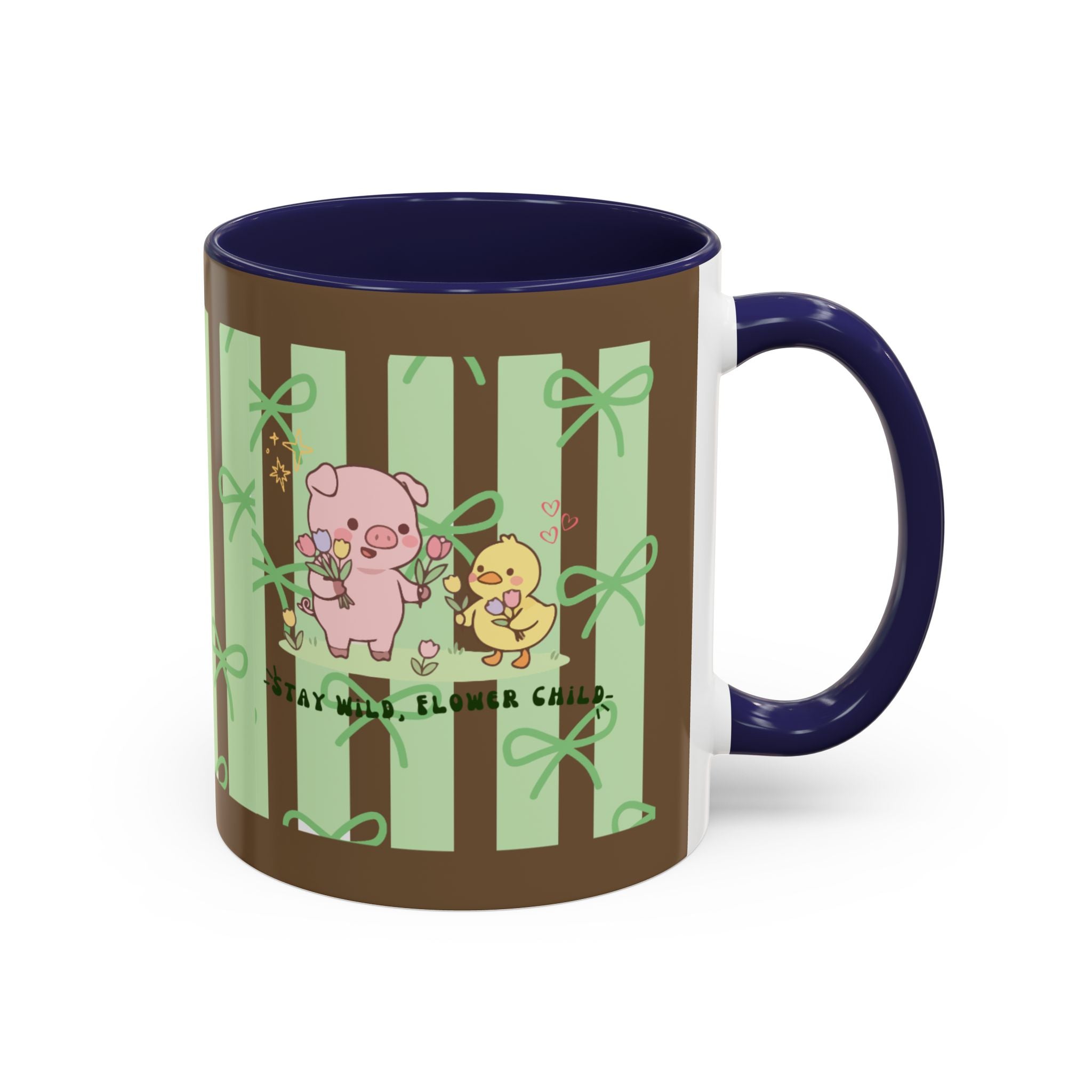 Cute Pig & Chick Accent Coffee Mug — Pastel Stripes, Charming Kawaii Tea/Coffee Cup