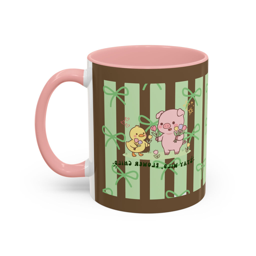 Cute Pig & Chick Accent Coffee Mug — Pastel Stripes, Charming Kawaii Tea/Coffee Cup