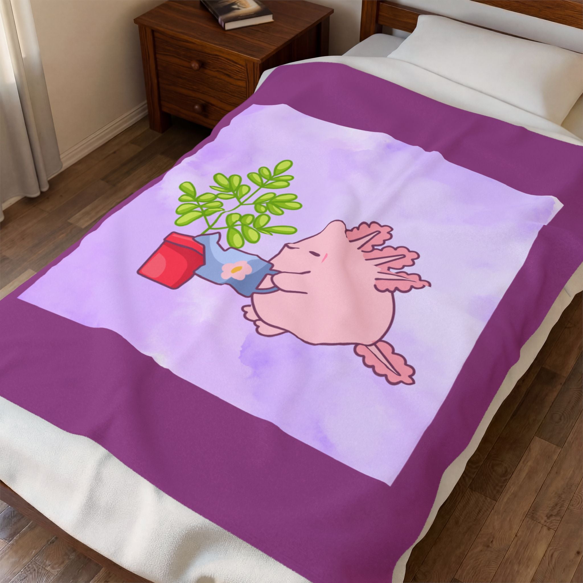 Axolotl Plant Watering Plush Blanket — Cute Pink Axolotl Gardening Throw for Kids & Animal Lovers