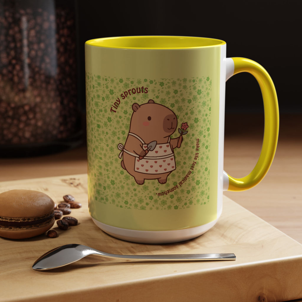 Cute ‘Tiny Sprouts’ Accent Coffee Mug – Kawaii Garden Capybara Design (11/15 oz)