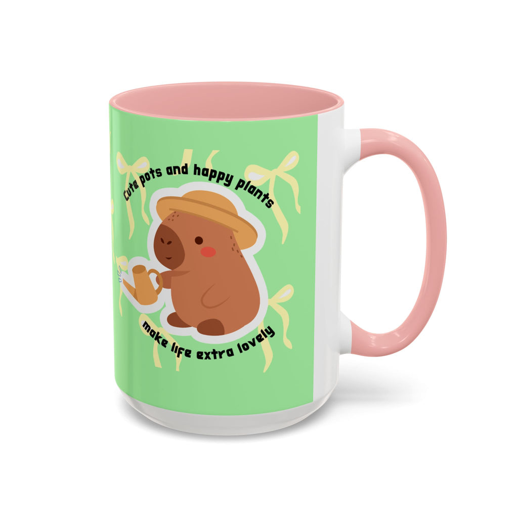 Accent Coffee Mug - Cute Bear Watering Plants ‘Cute Pots and Happy Plants Make Life Extra Lovely’
