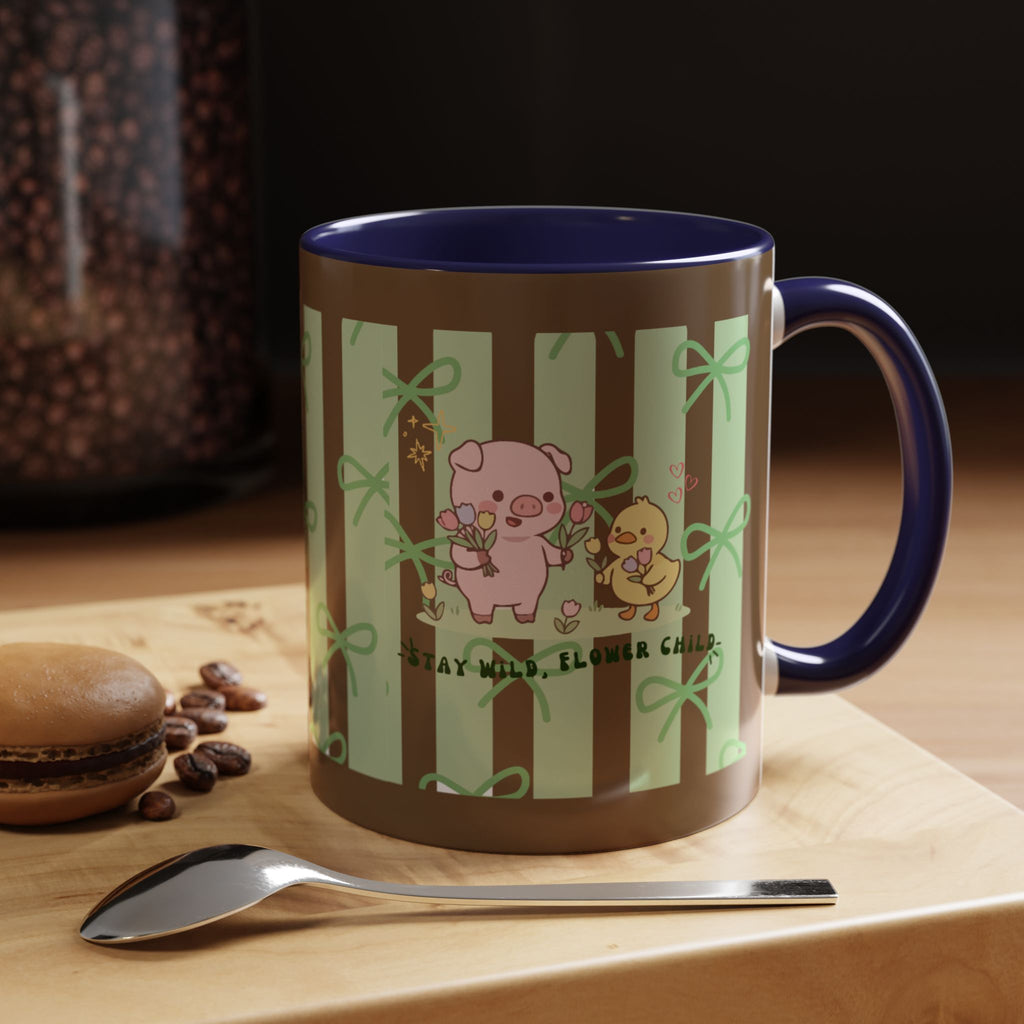 Cute Pig & Chick Accent Coffee Mug — Pastel Stripes, Charming Kawaii Tea/Coffee Cup