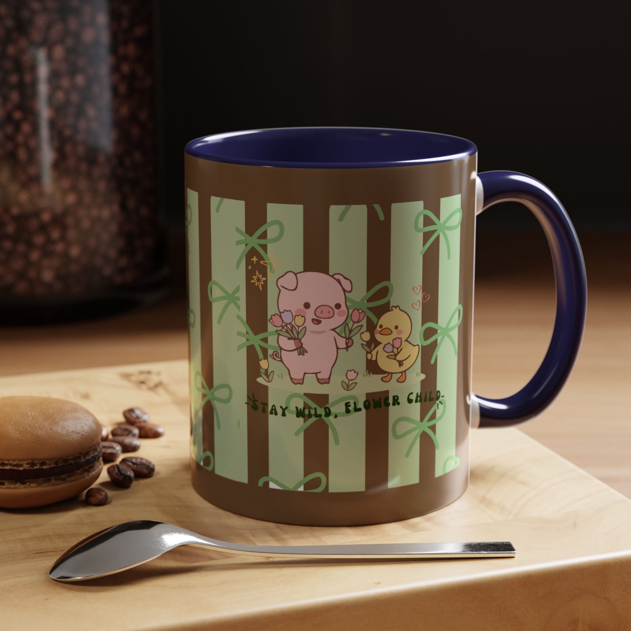 Cute Pig & Chick Accent Coffee Mug — Pastel Stripes, Charming Kawaii Tea/Coffee Cup