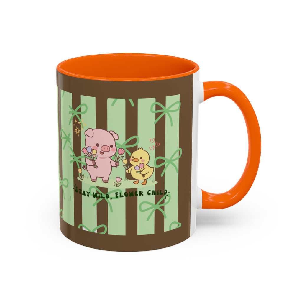 Cute Pig & Chick Accent Coffee Mug — Pastel Stripes, Charming Kawaii Tea/Coffee Cup