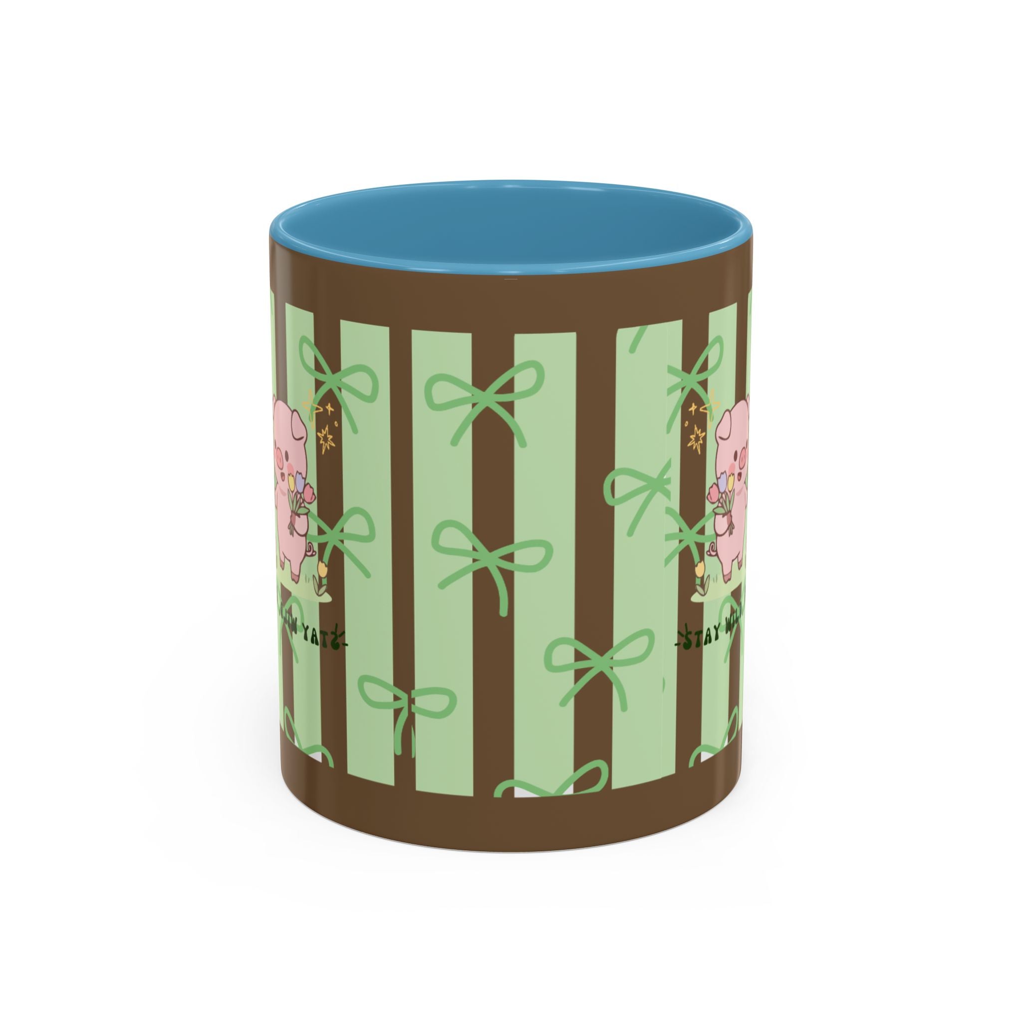 Cute Pig & Chick Accent Coffee Mug — Pastel Stripes, Charming Kawaii Tea/Coffee Cup