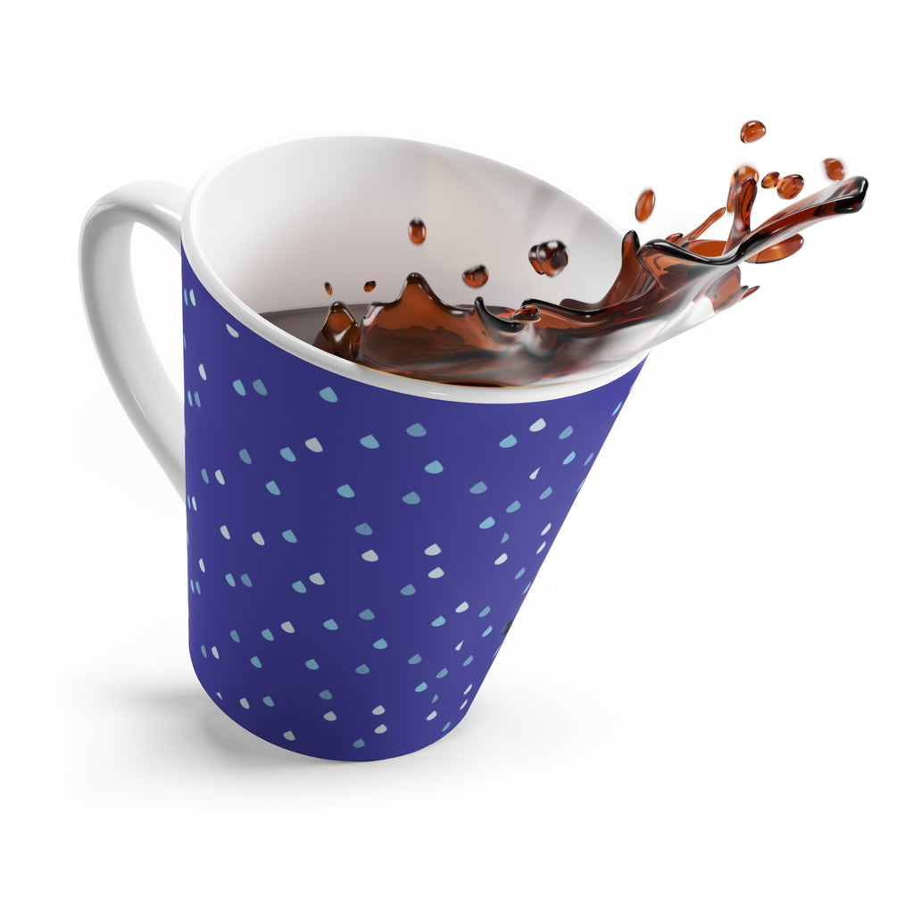 Latte Mug — Cute Kawaii Bird 'My Happy Place' Coffee Cup (Blue Raindrop Pattern)