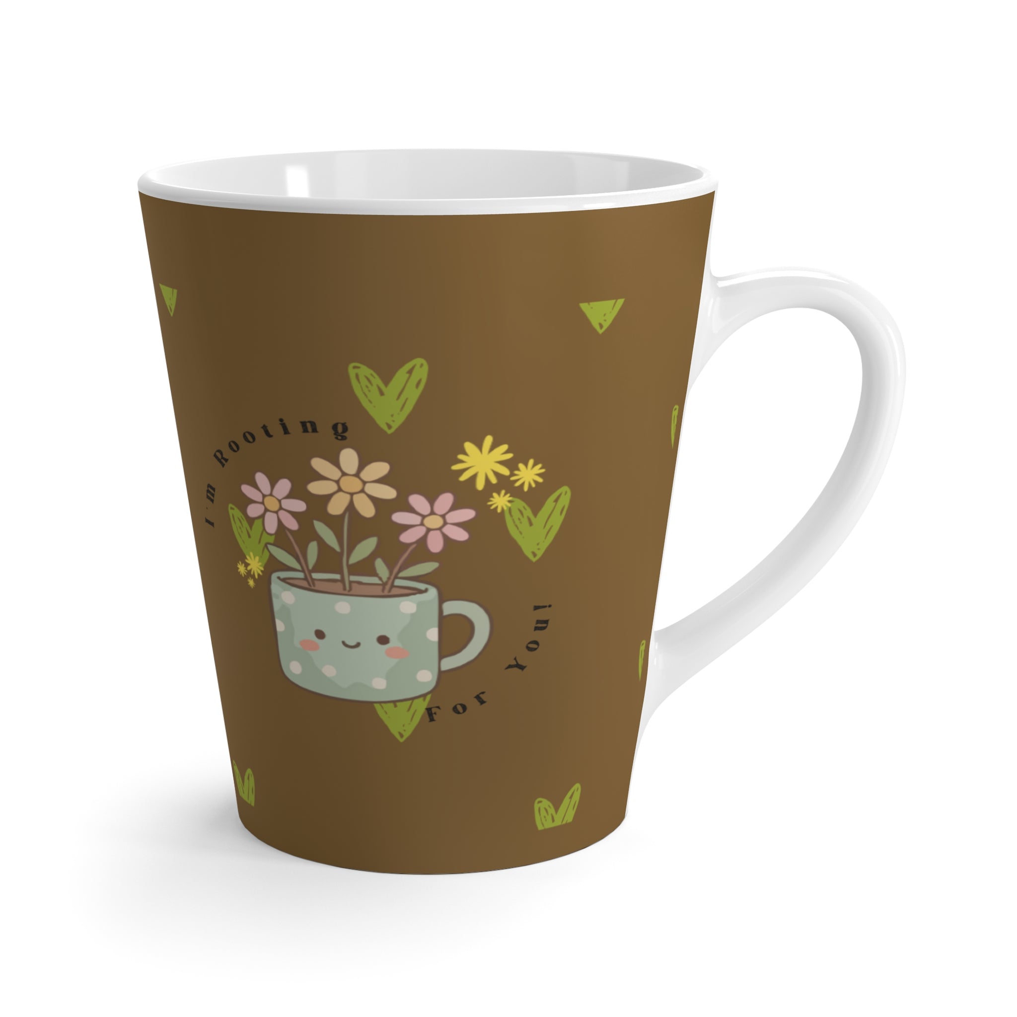 Brown Floral Latte Mug — 'Live Grown' Hand-Drawn Hearts & Flowers Coffee Cup