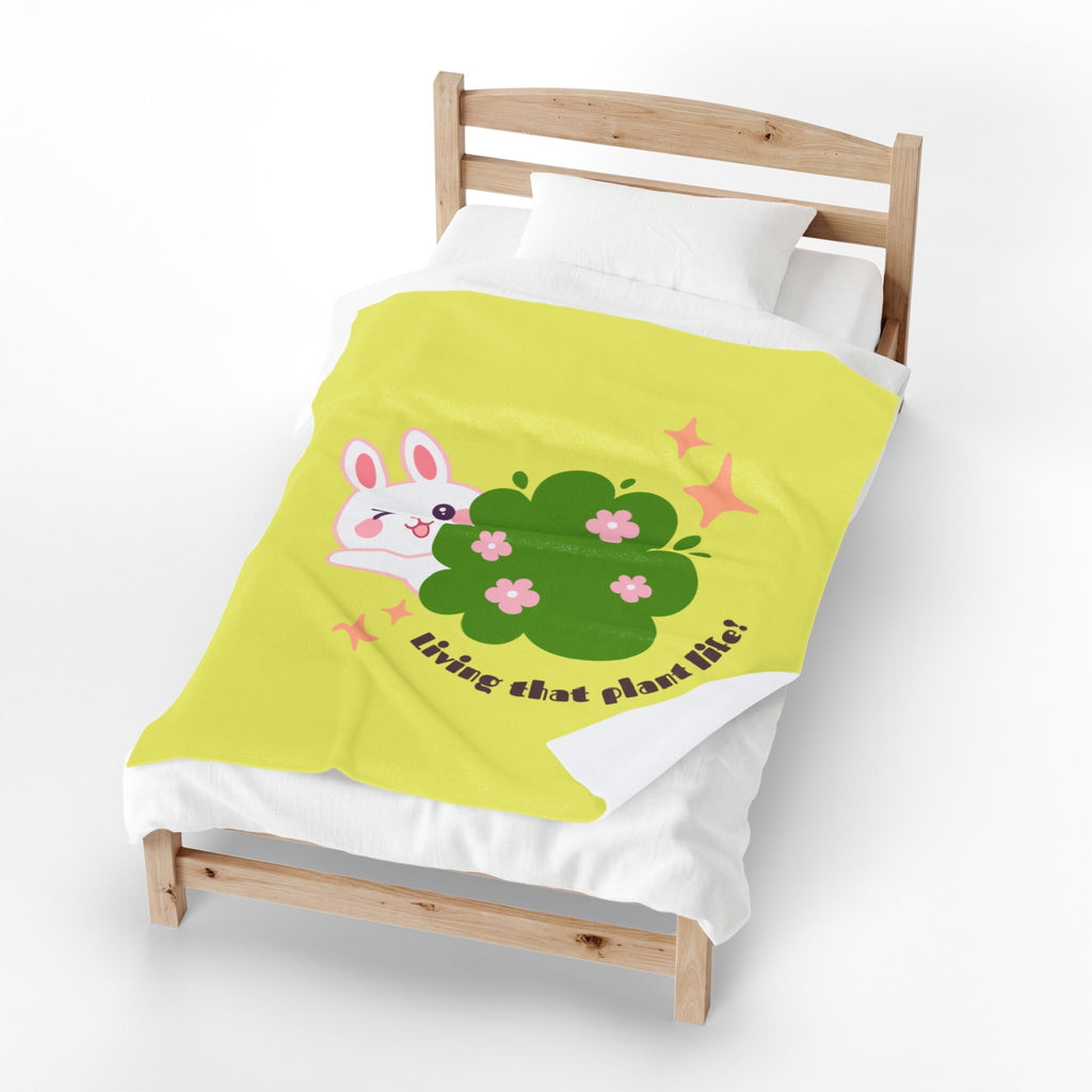 Cute Bunny 'Living That Plant Life' Plush Blanket — Soft Velveteen Throw for Plant Lovers, Kids & Cozy Gift