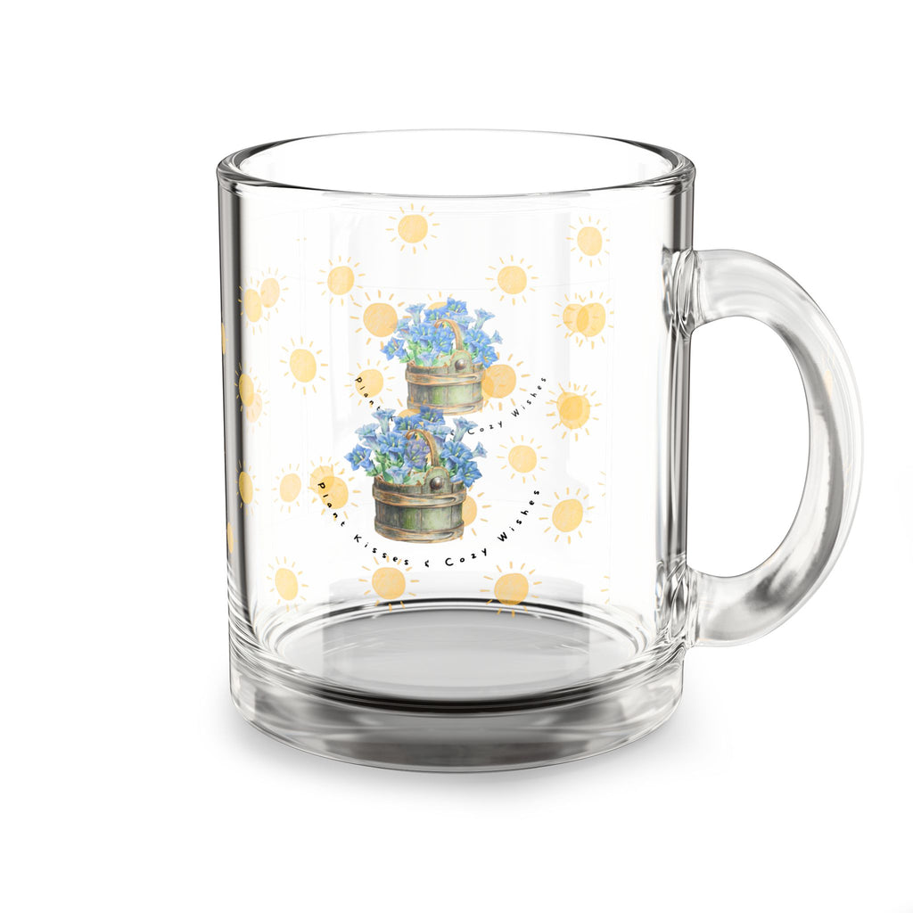 10oz Glass Mug — Sunny Dots with Blue Hydrangea Floral Accent
